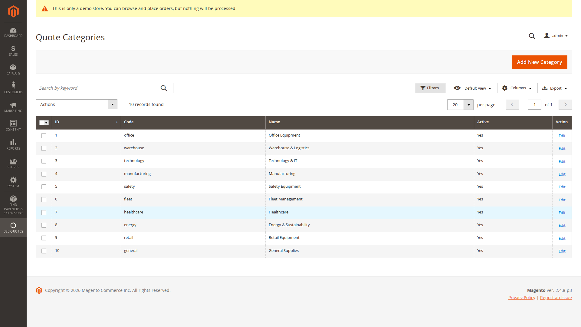 B2B quote categories grid and editor