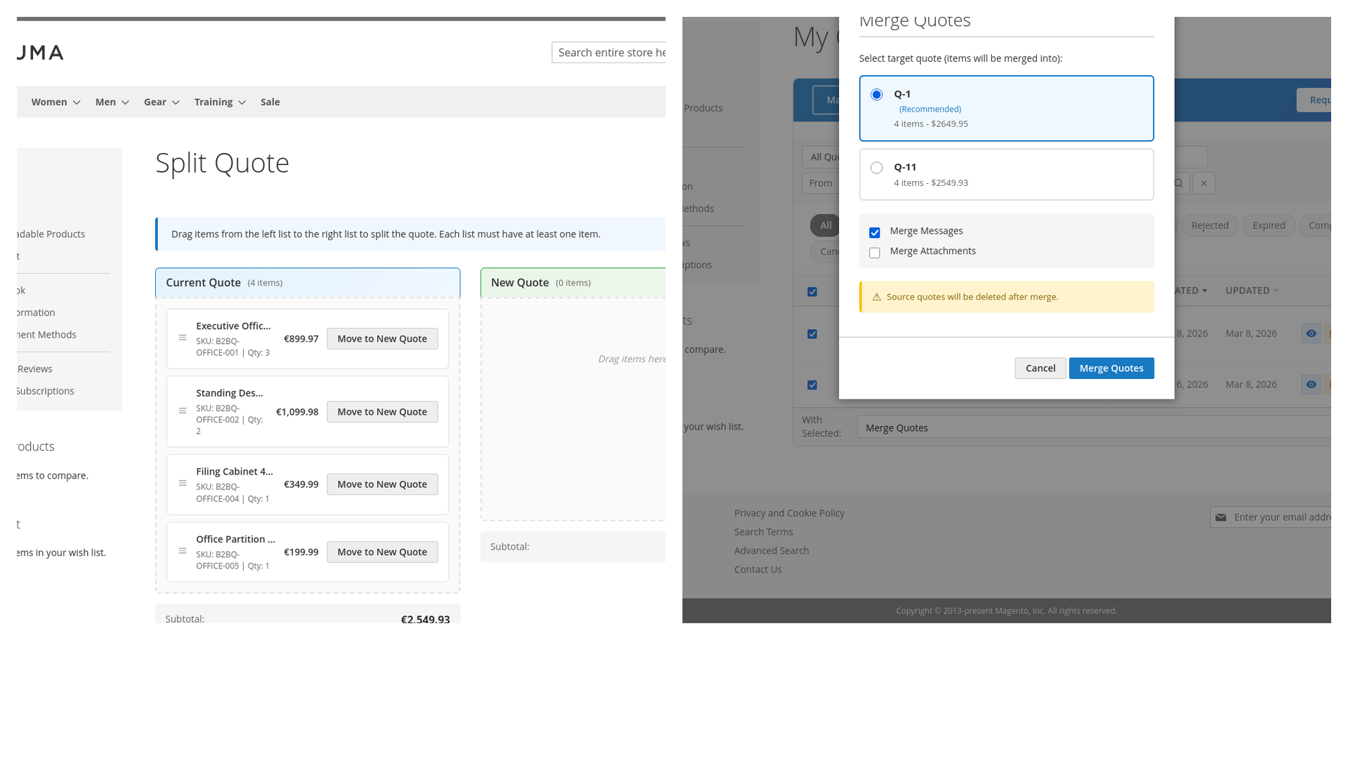 Merge and split controls for B2B quotes