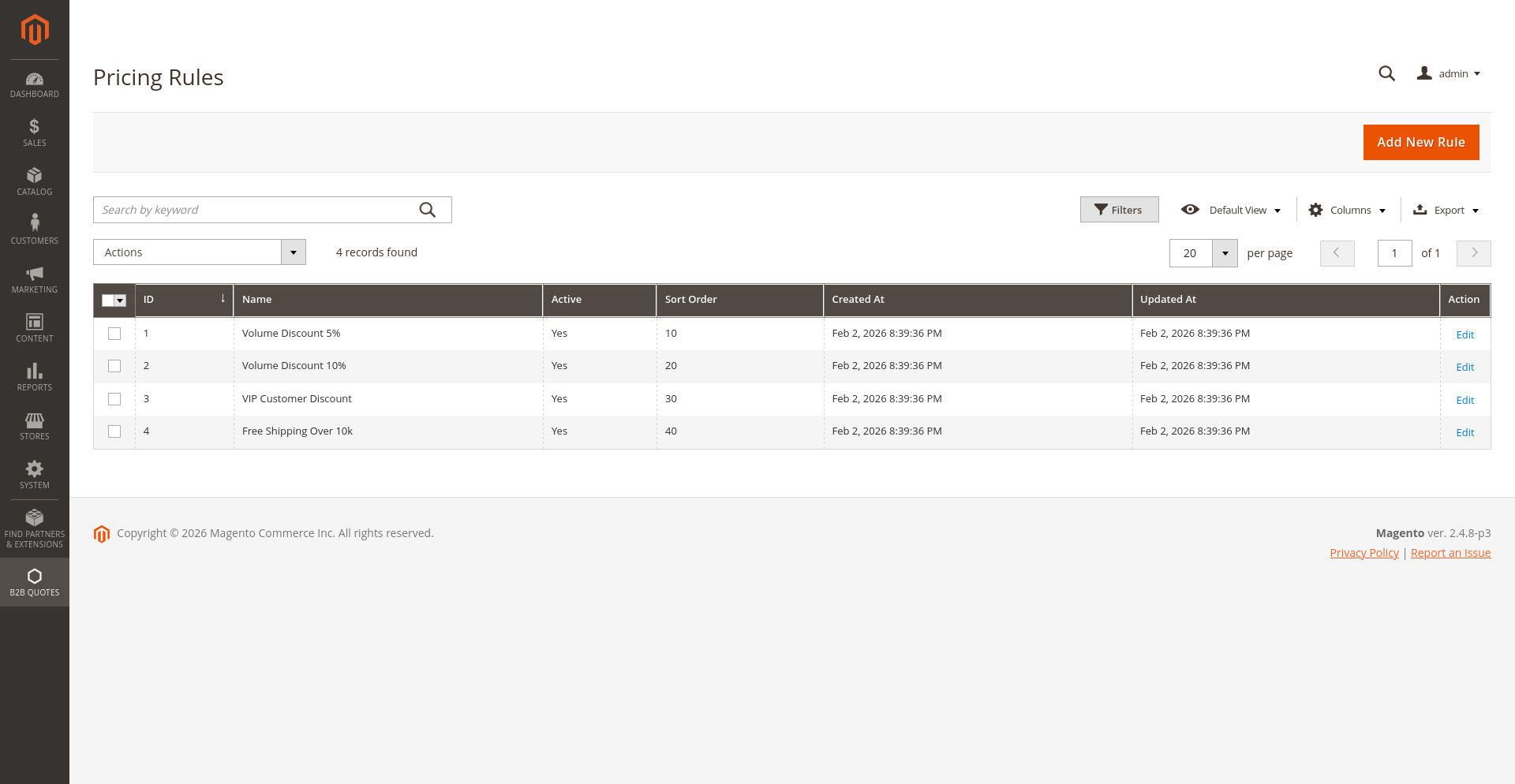 B2B quote pricing rule conditions and actions