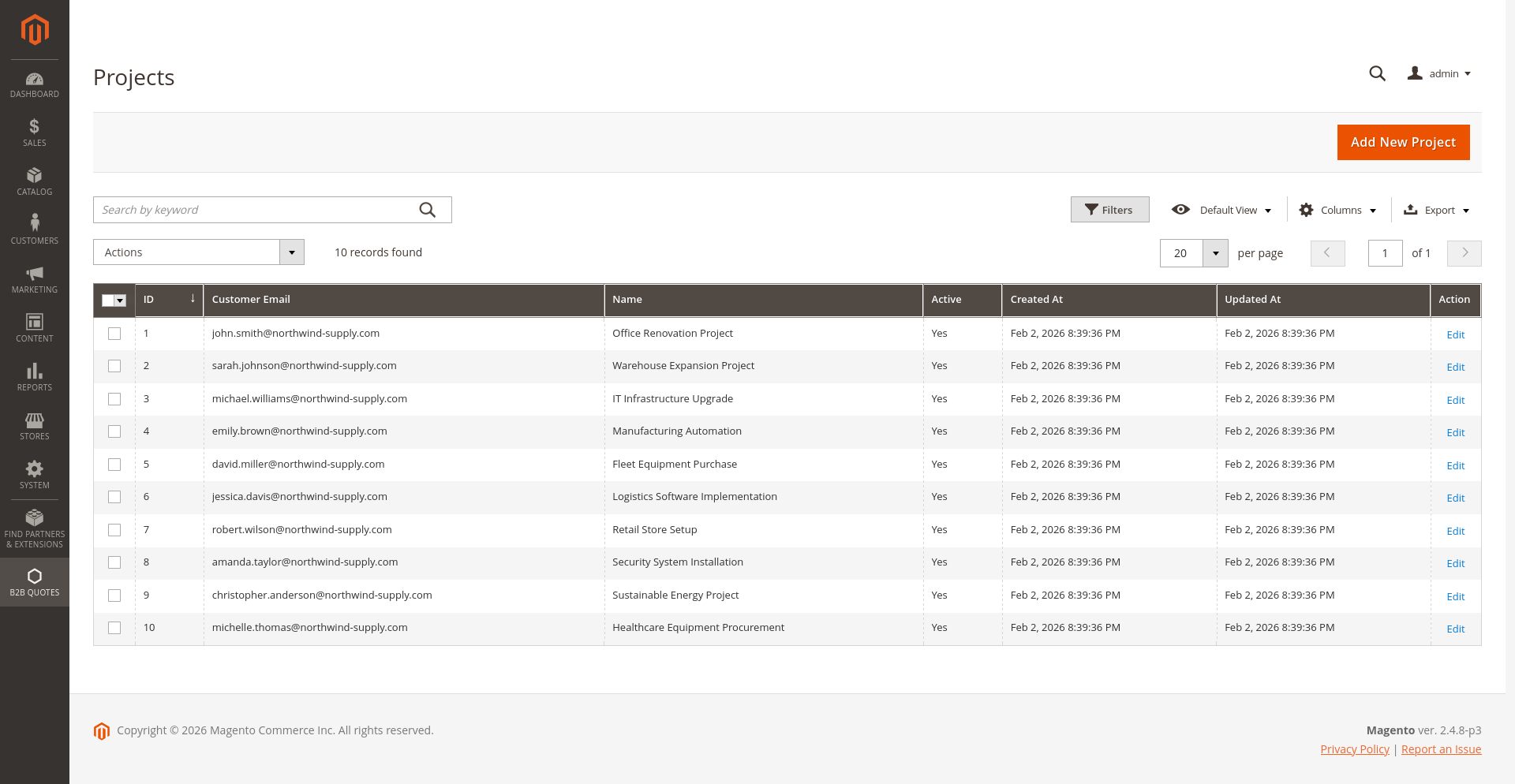 B2B quote projects grid and editor