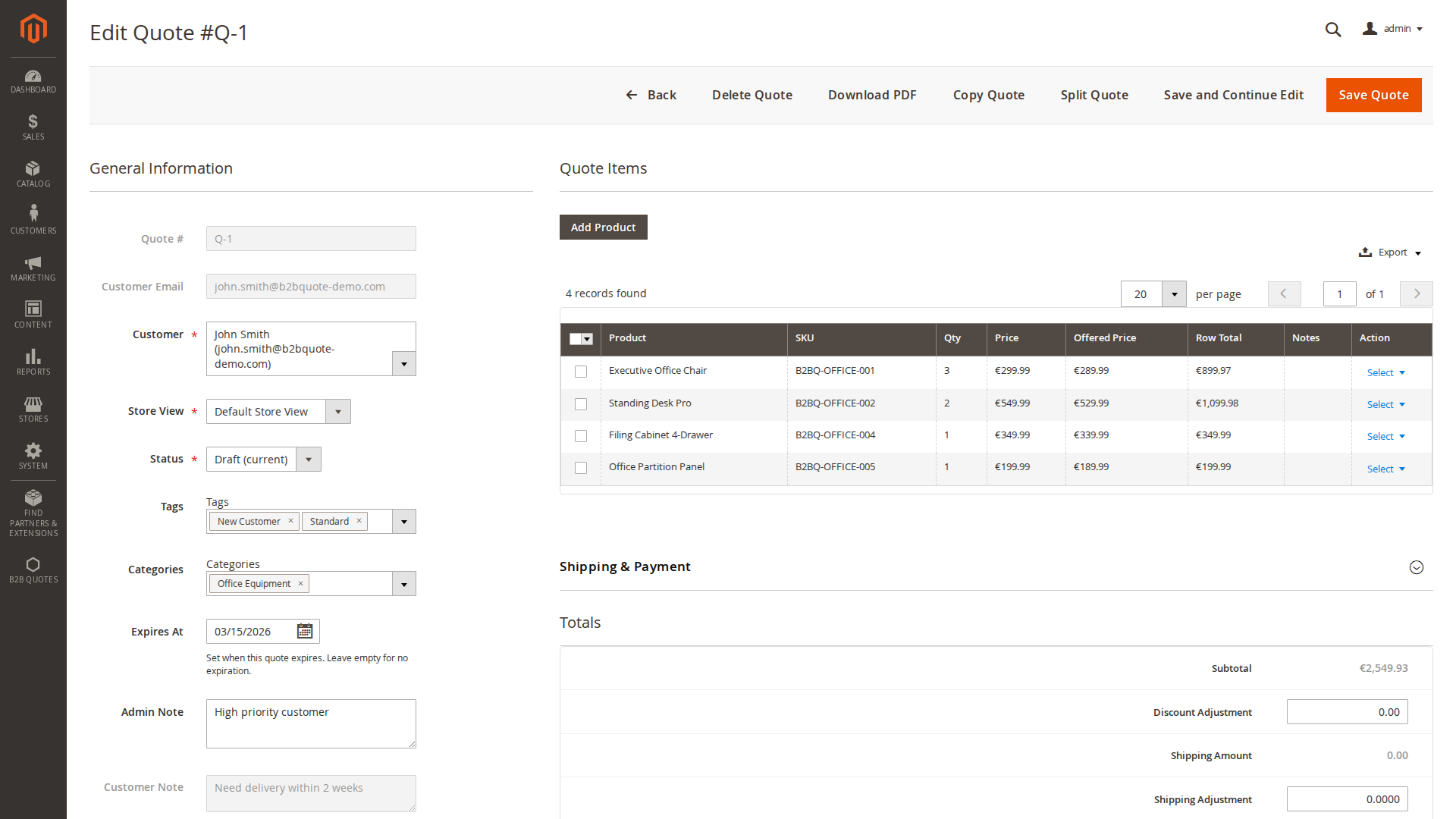 B2B quote edit screen in Magento Admin