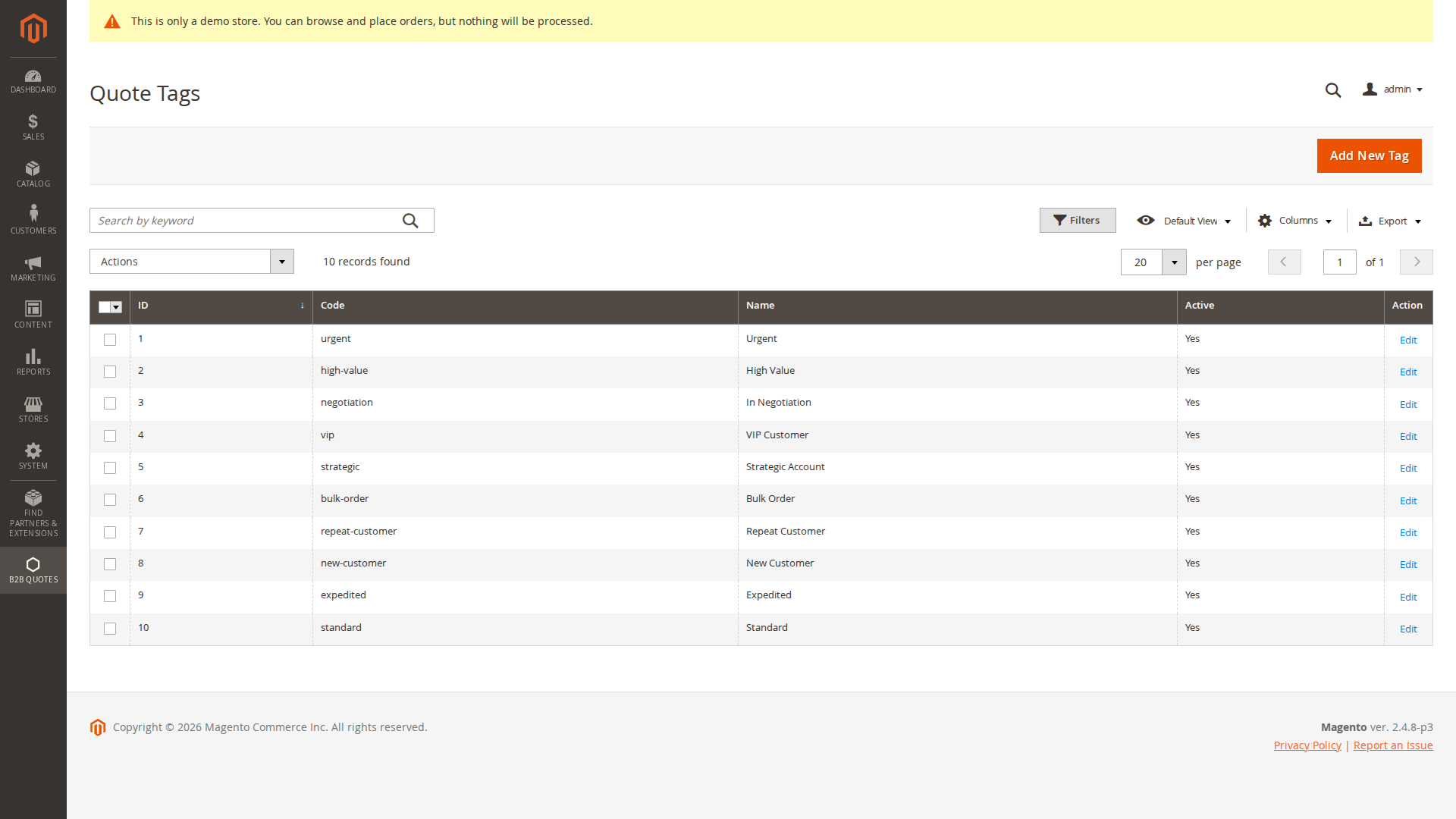 B2B quote tags grid and popular tags