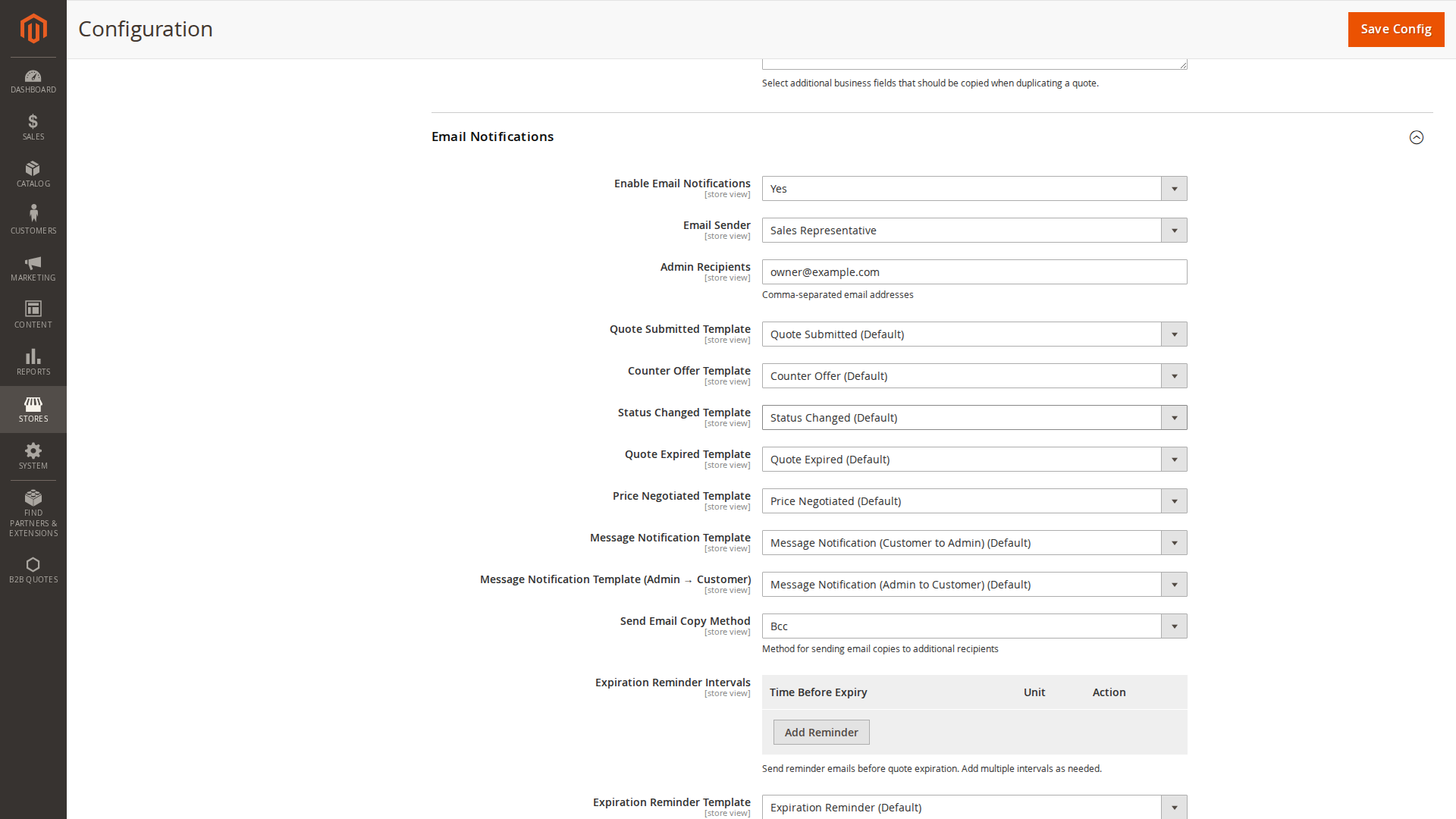 B2B Quote email templates and administrator recipients