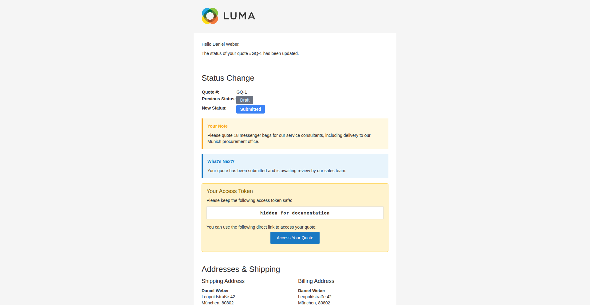 Guest quote status email with a masked access token and the secure quote-access action
