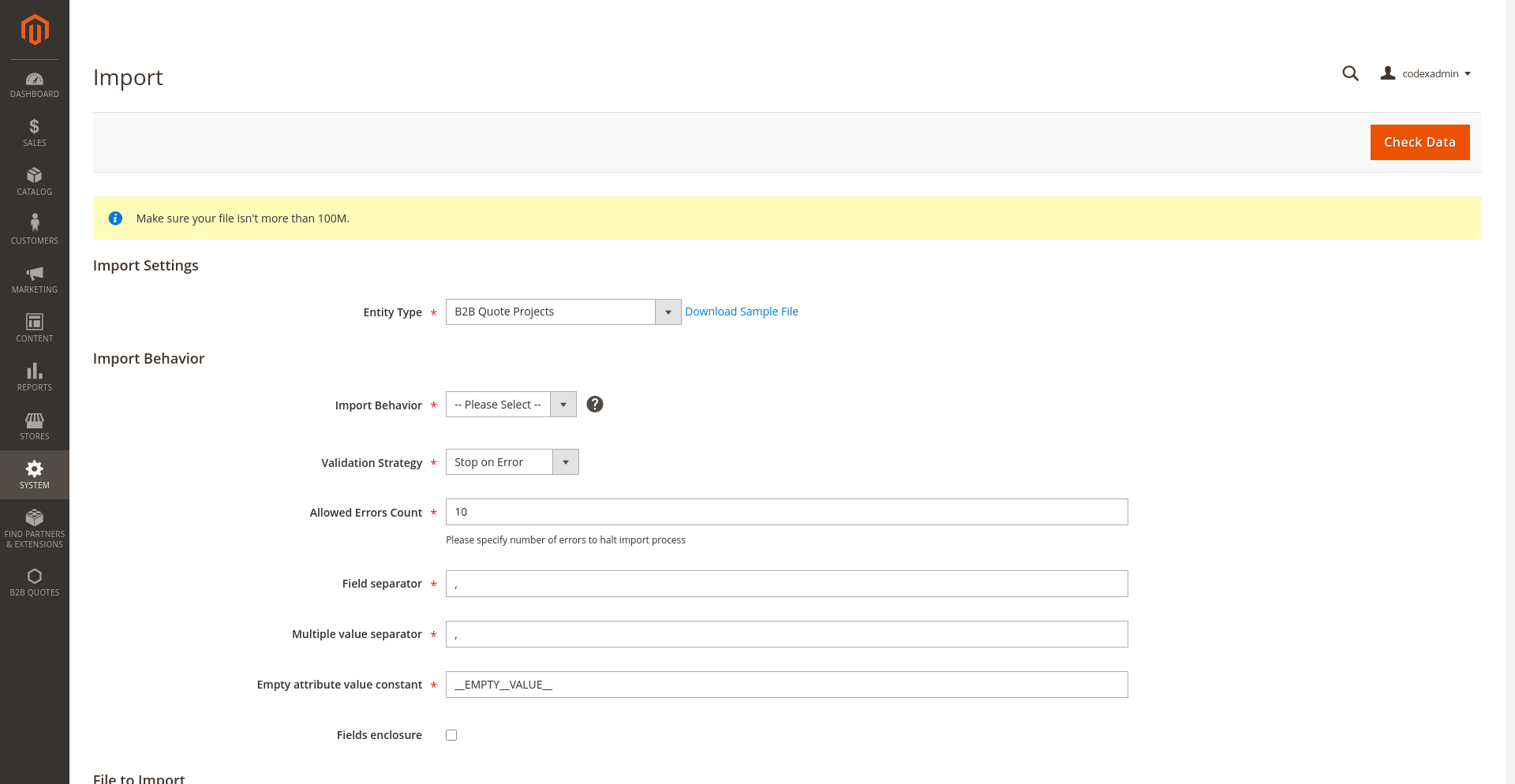 Select a B2B Quote entity for a controlled Magento import B2B Quote entities in Magento Import and Export