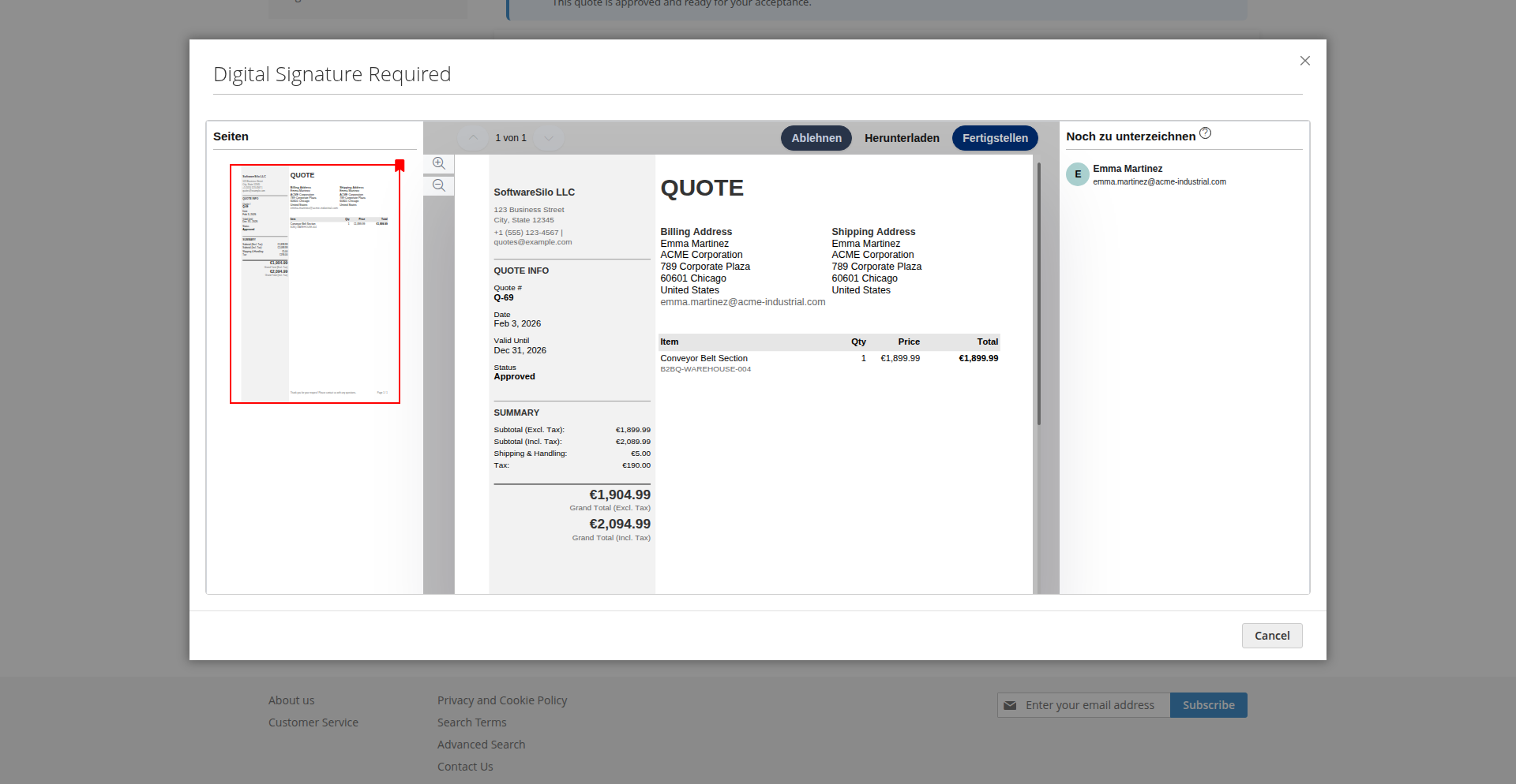 Sign an approved quote in the embedded signature flow OpenSign signing step in the B2B quote workflow