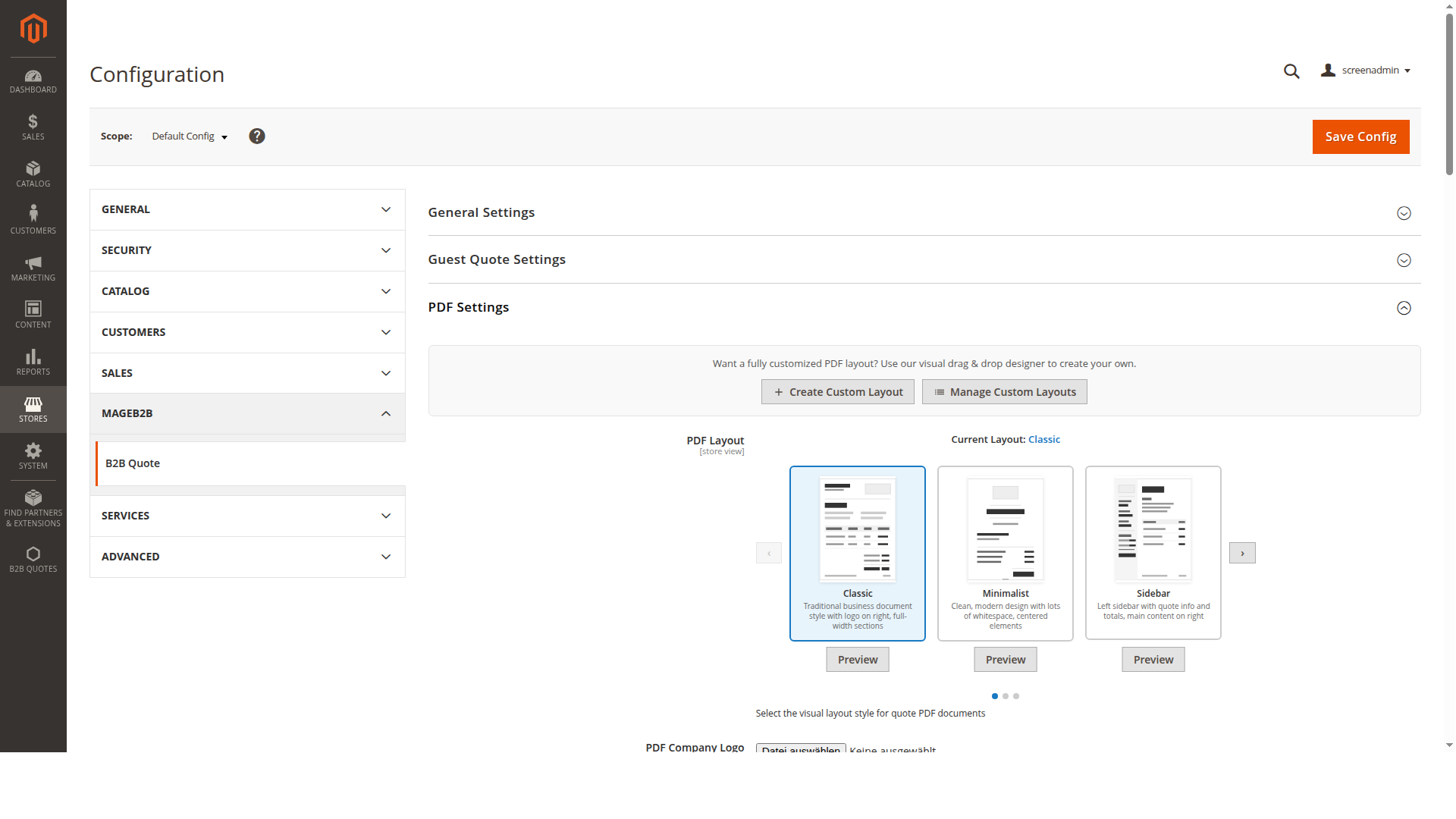 B2B Quote PDF layout selector and preview