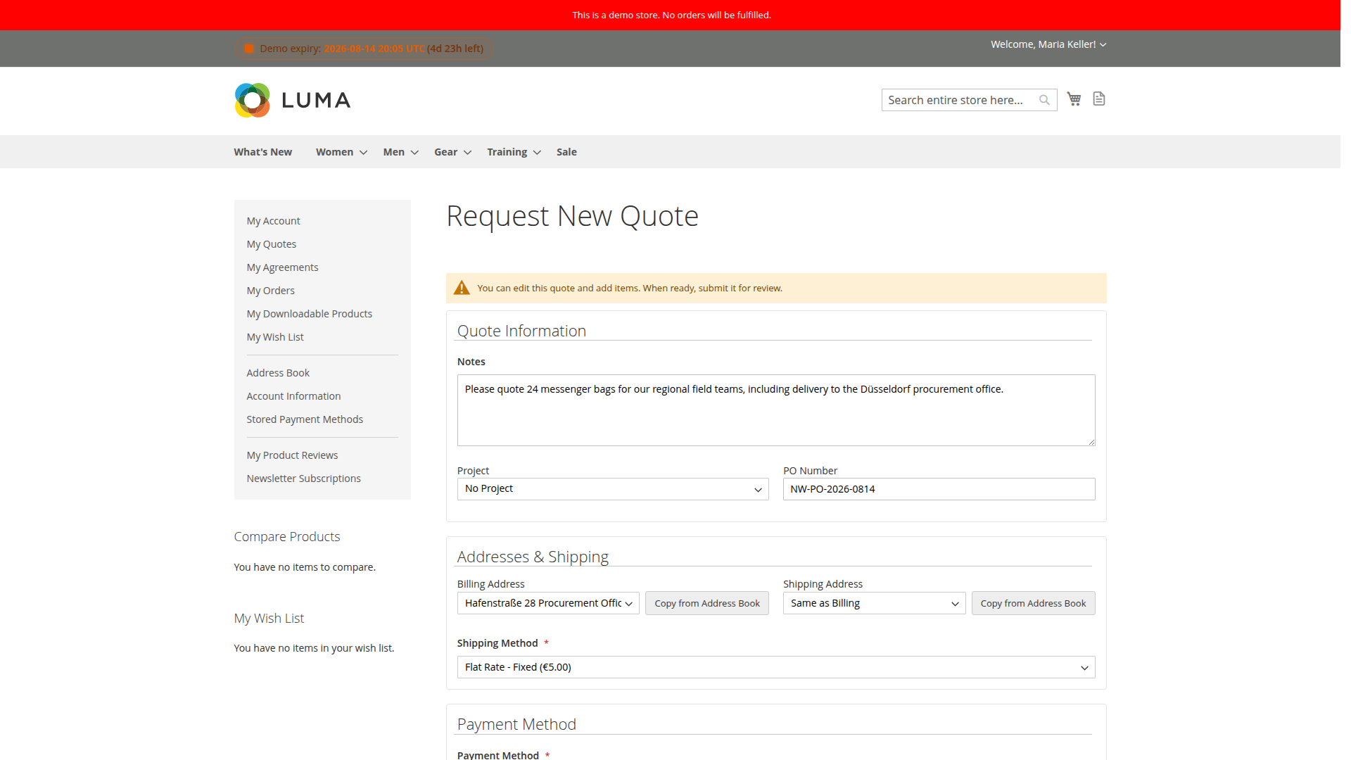 Quote request with billing and shipping addresses and a selected Flat Rate method