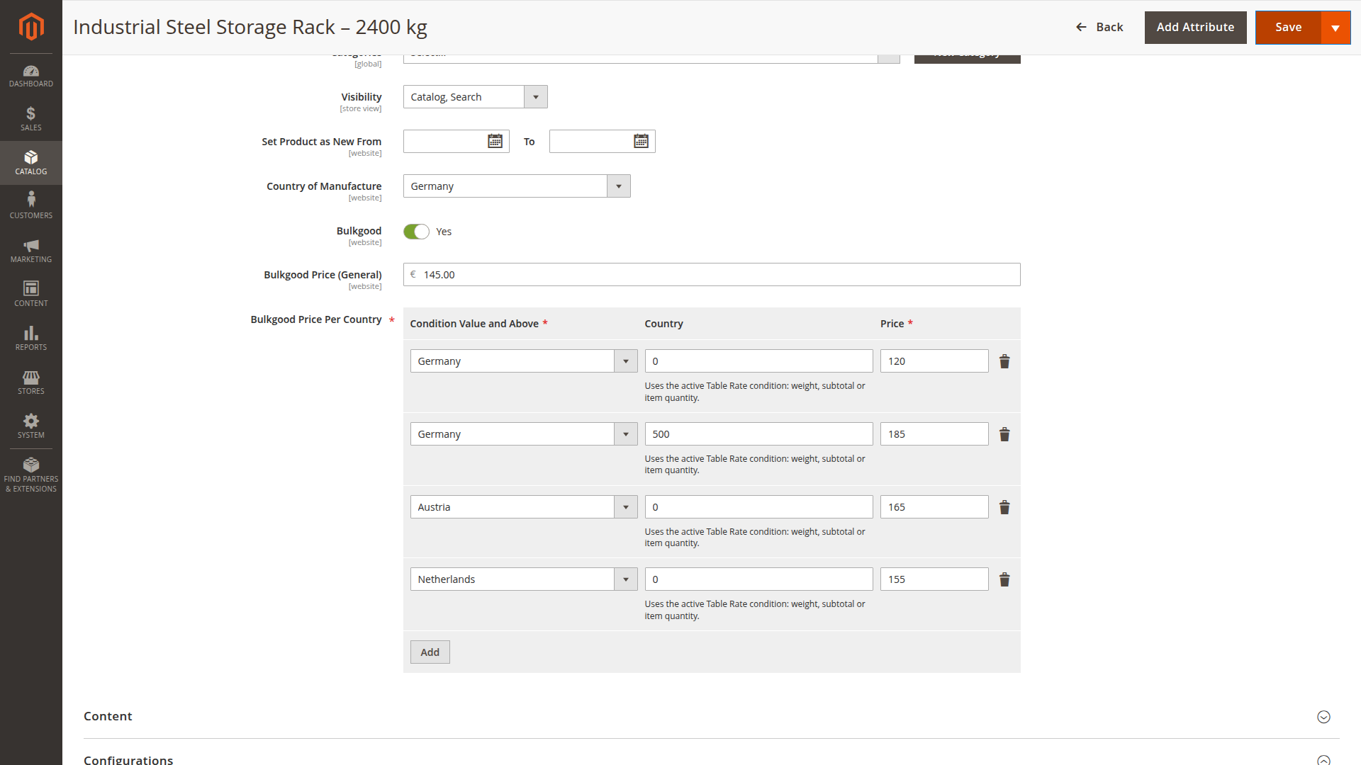 Country-specific bulk freight prices with threshold rows