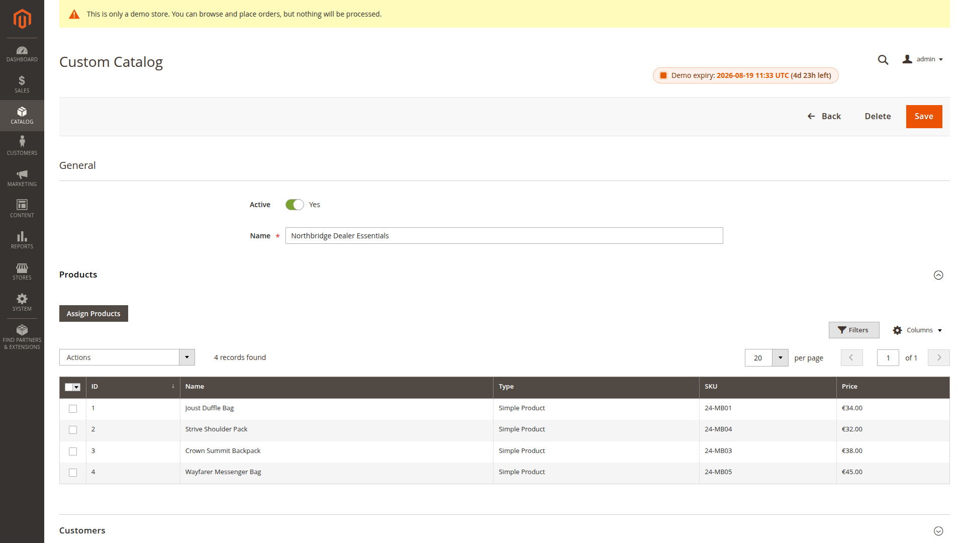 Products assigned to a named custom catalog