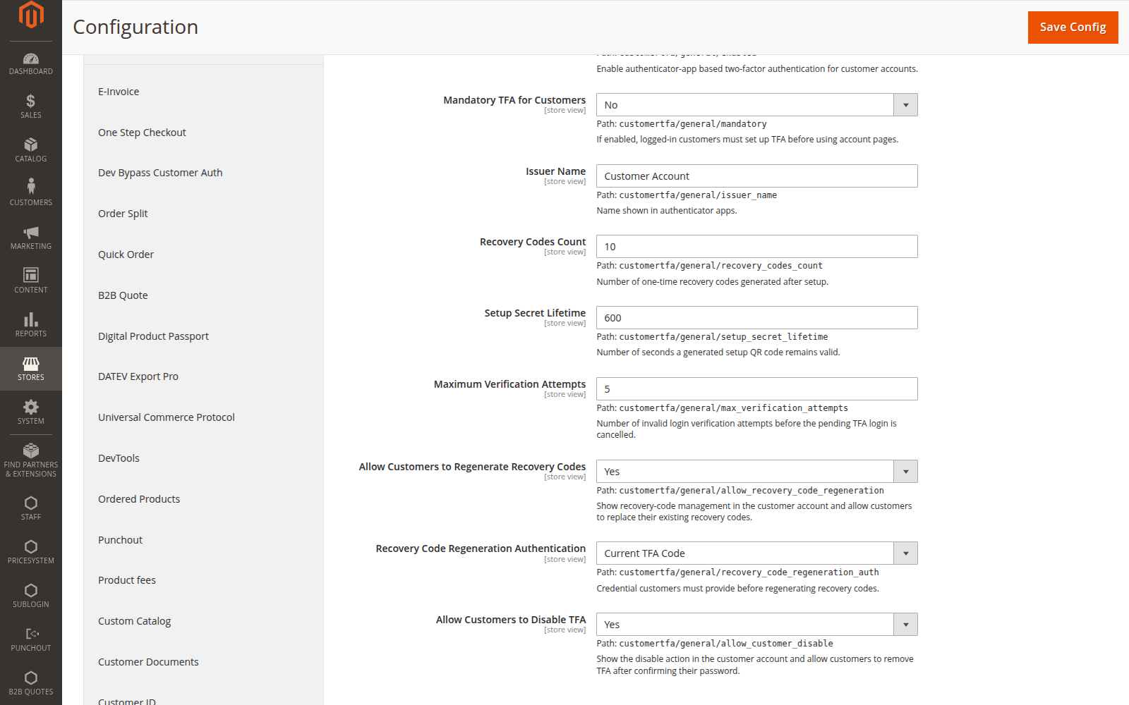 Customer controls for recovery-code regeneration and optional TFA removal