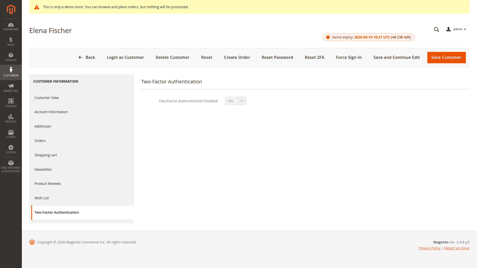 Customer TFA status and reset action in Magento Admin