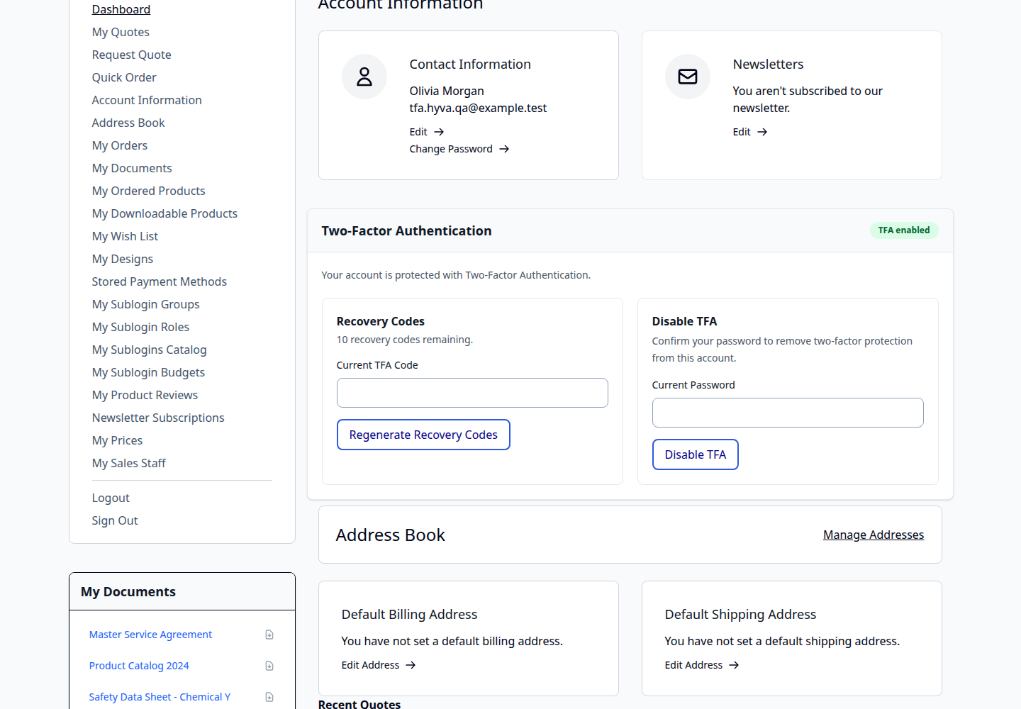 Customer TFA management controls in a Hyva customer account