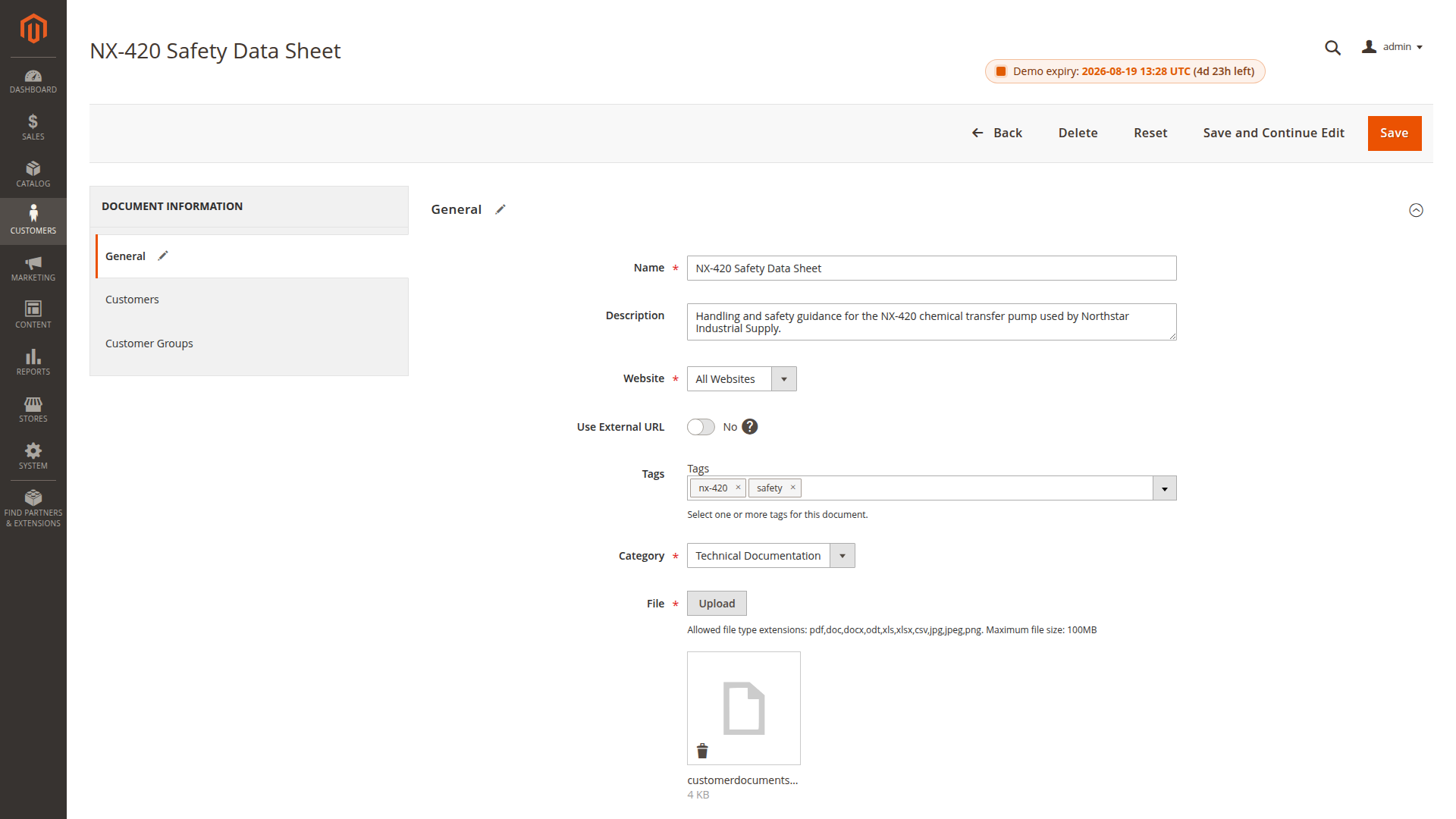 Customer Documents form with an uploaded safety data sheet, category and tags