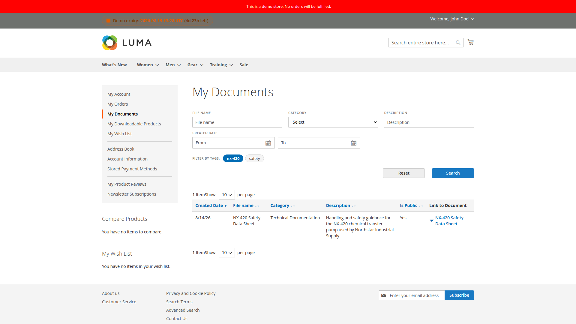 My Documents with an assigned safety data sheet and active tag filter