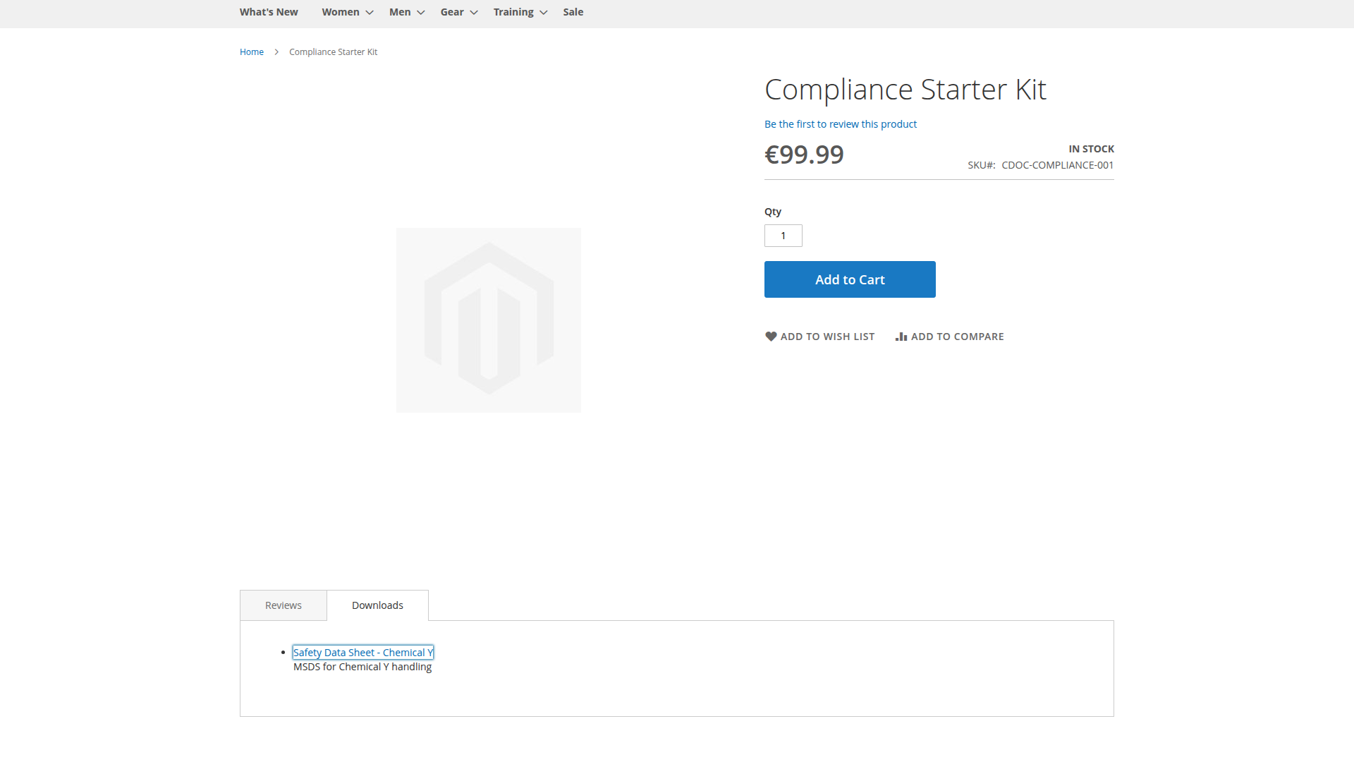 Downloads tab with a product-assigned safety data sheet