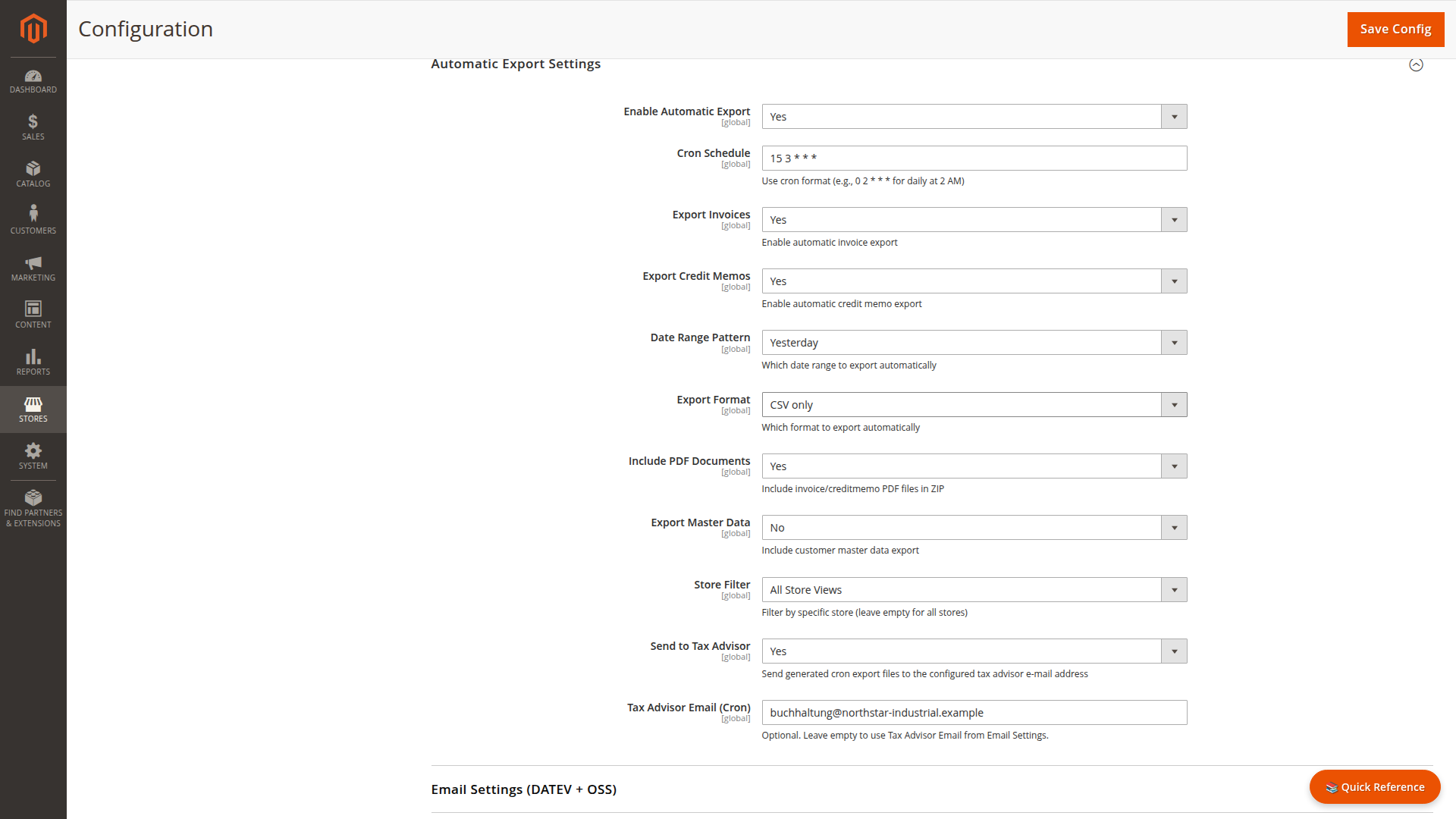 Automatic DATEV export settings with schedule, date window, export content, and tax advisor delivery options