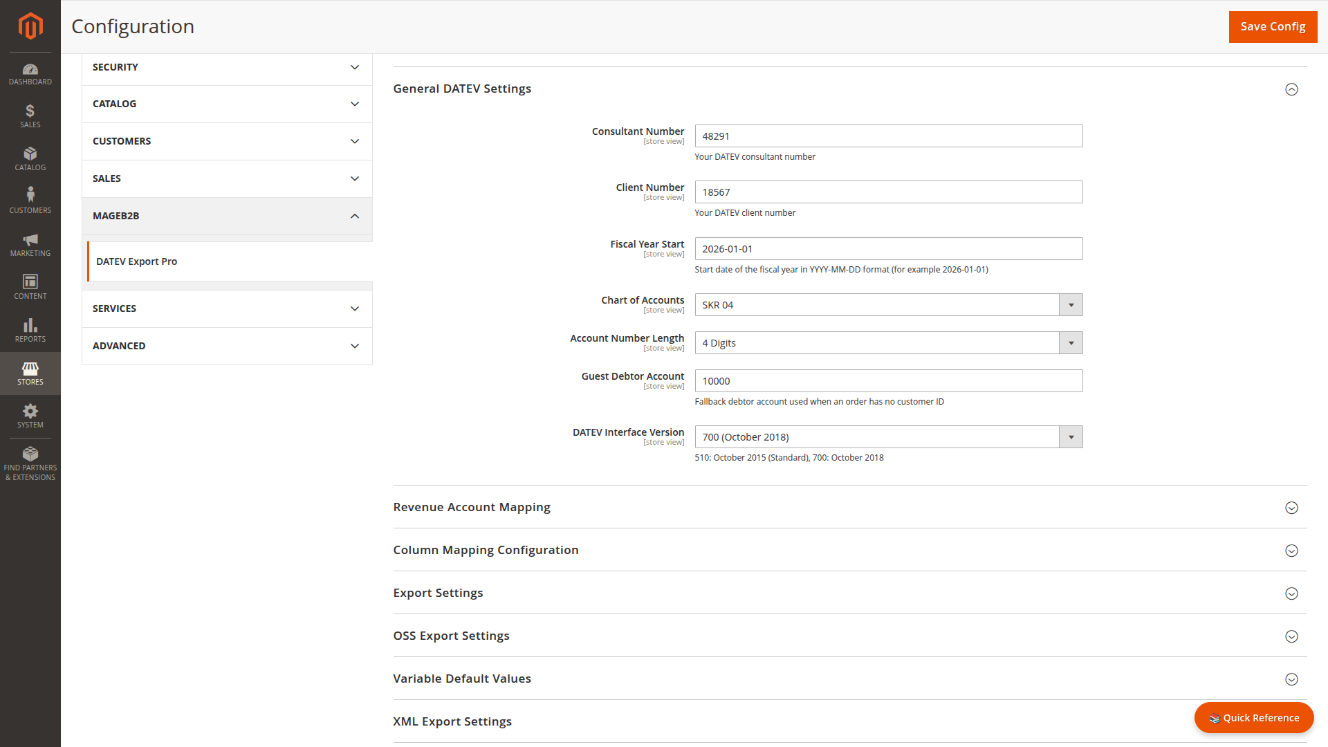 DATEV Export Pro general settings with consultant number, client number, fiscal year, SKR 04, debtor account, and interface version