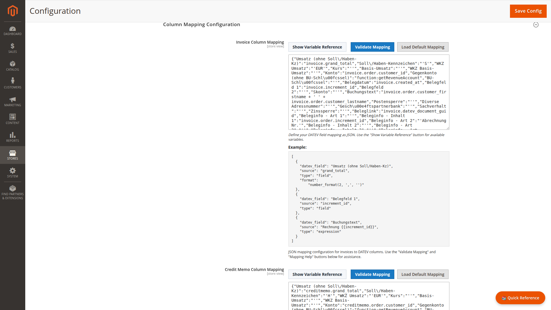 DATEV invoice column mapping configuration in Magento Admin with JSON mappings and validation controls