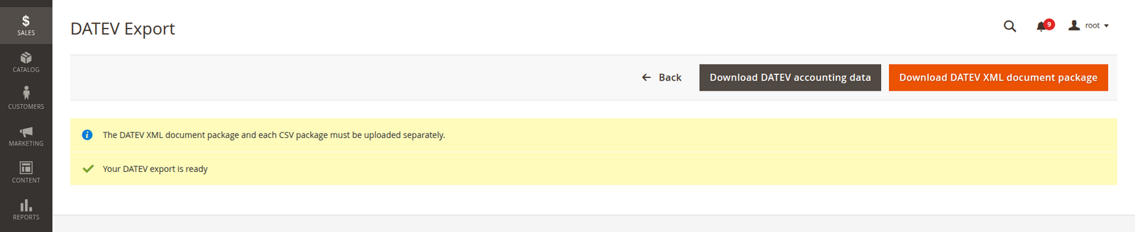 DATEV export result with separate buttons for accounting data and the XML document package