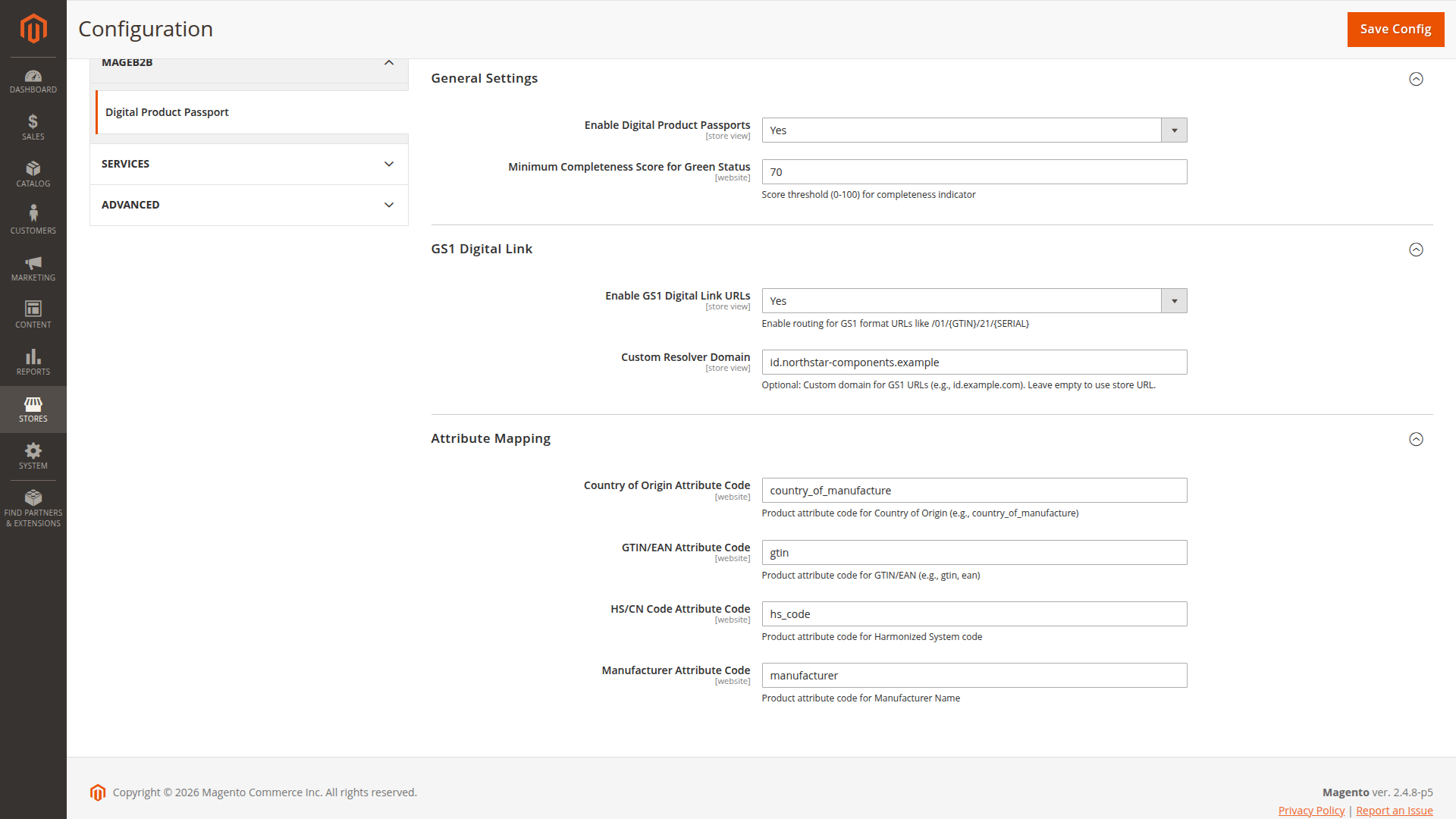 Digital Product Passport settings with GS1 routing and attribute mappings