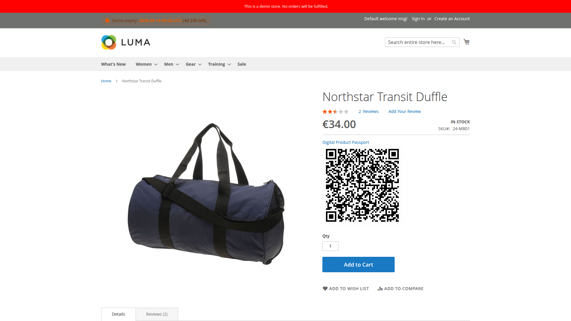 Product page with a Digital Product Passport link and QR code