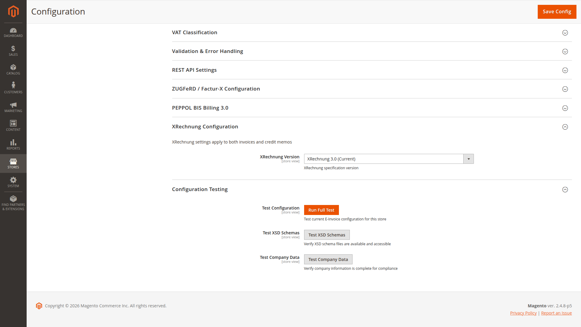 E-Invoice configuration with profile, XRechnung version and built-in checks
