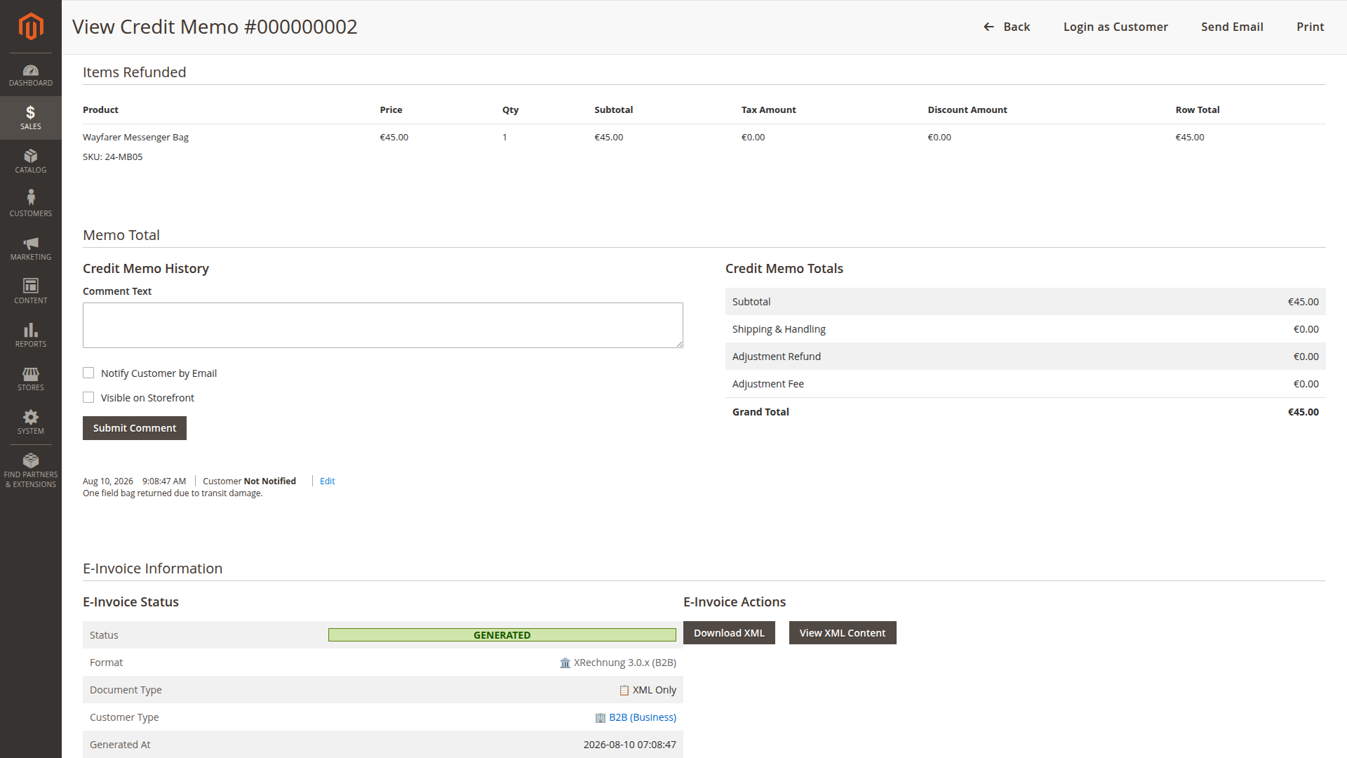 Locally generated e-invoice information on a credit memo Locally generated e-invoice information on a Magento credit memo