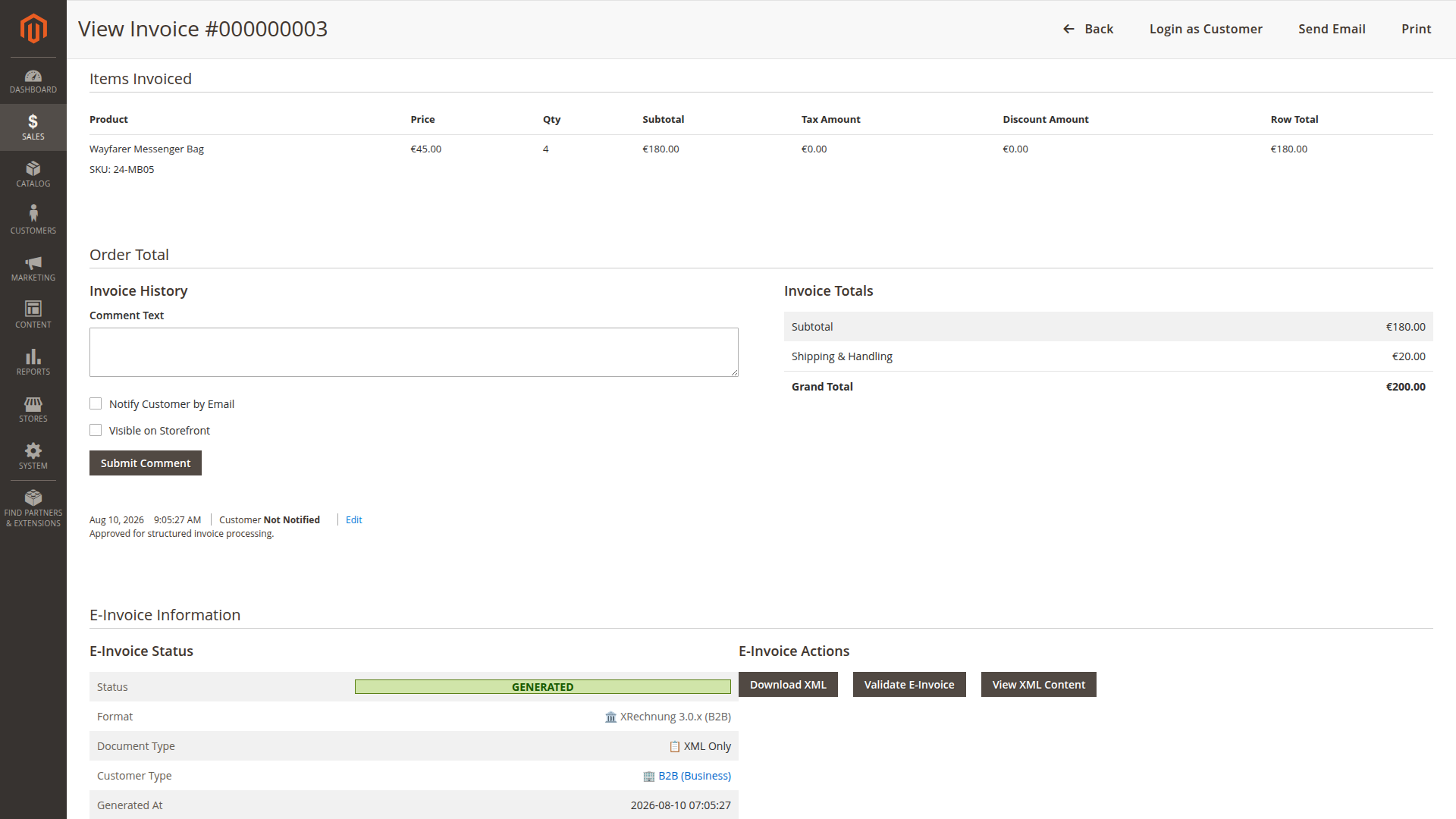 Locally generated e-invoice information on an invoice Locally generated e-invoice information and document actions on a Magento invoice