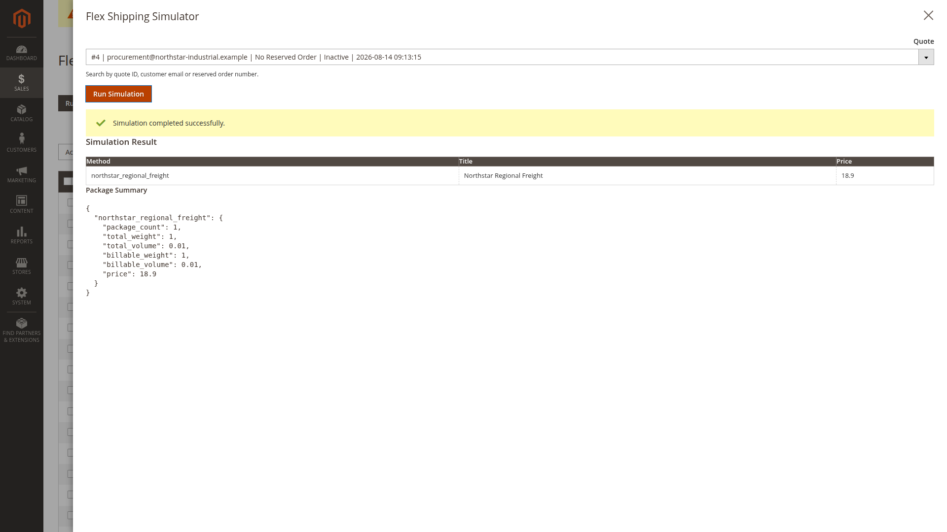Quote simulator and package result