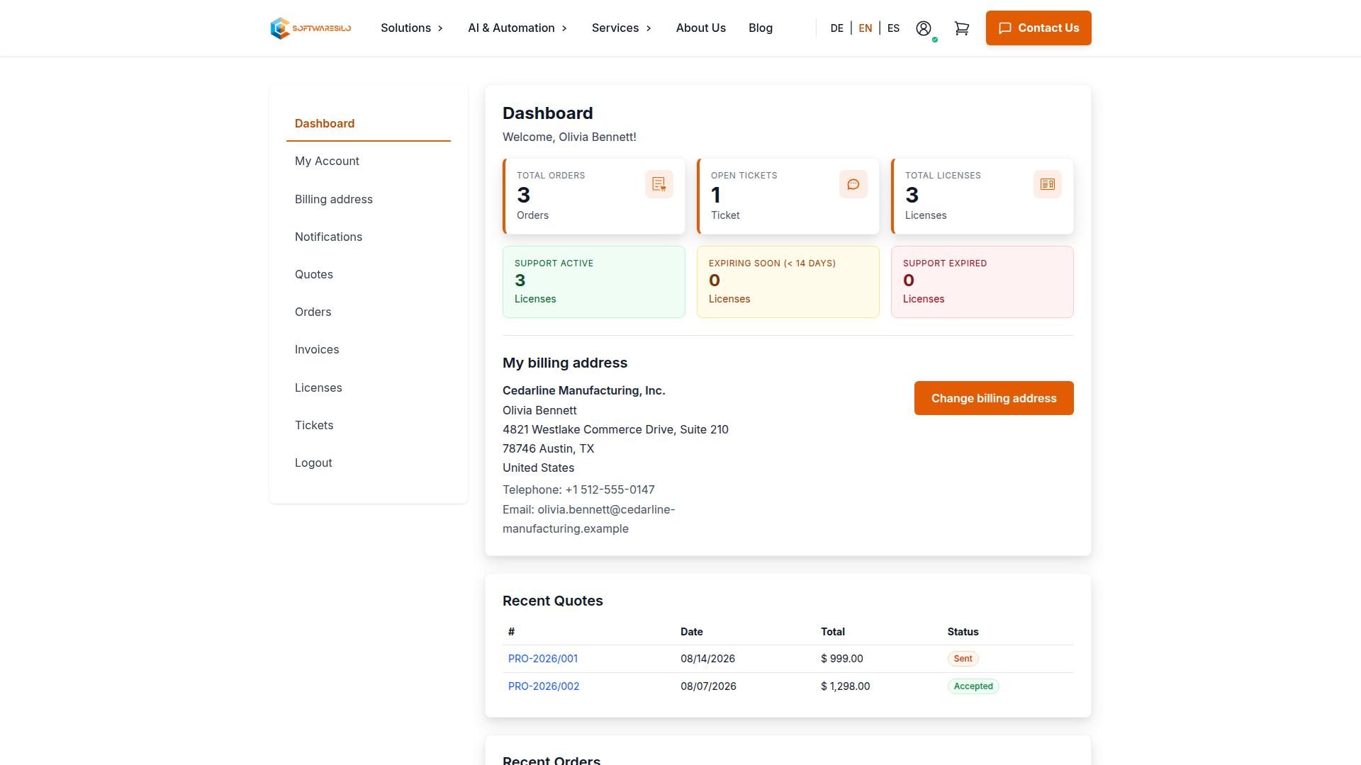 SoftwareSilo customer dashboard with licenses, billing address and recent quotes