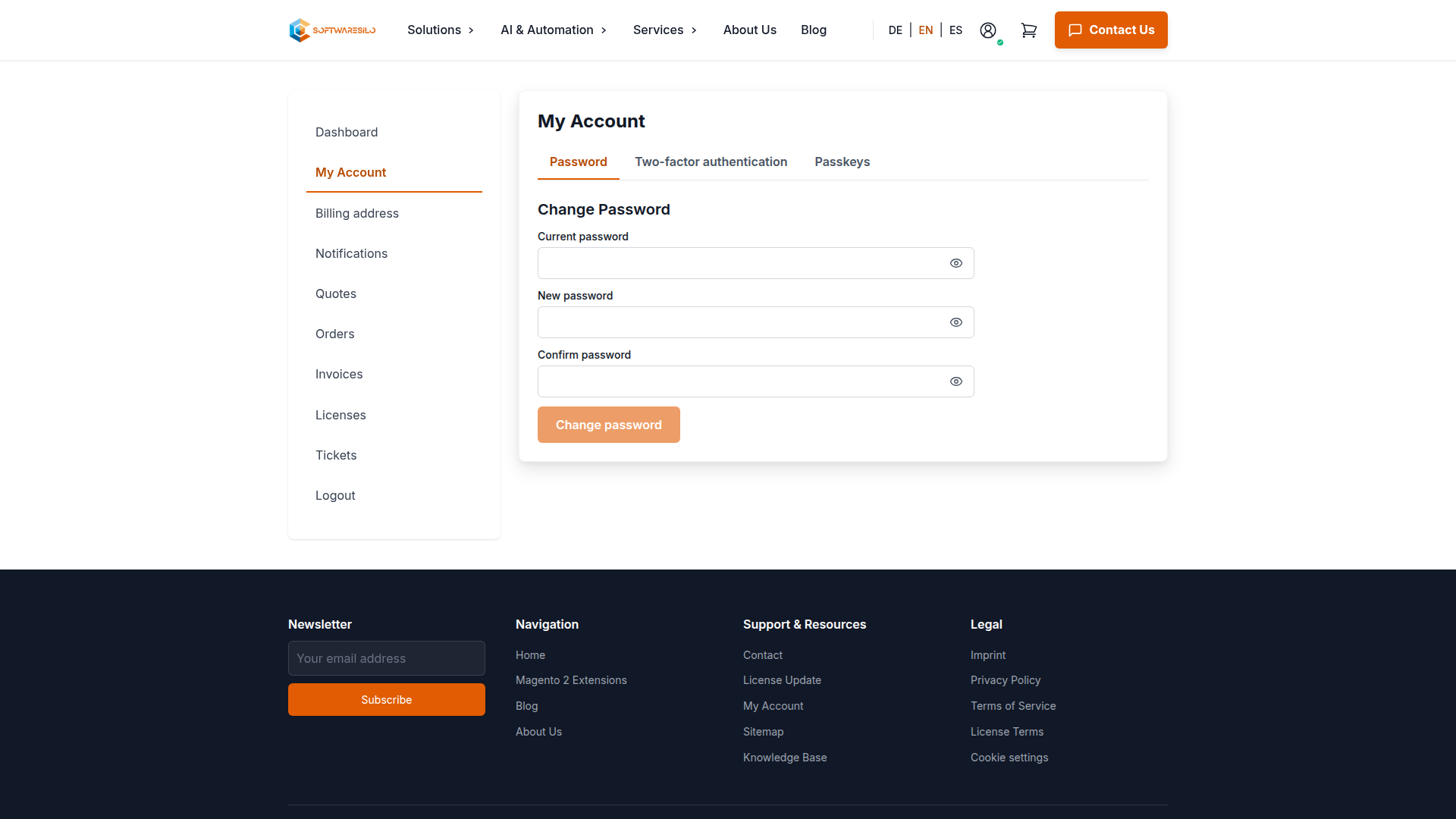 My Account security page with password, two-factor authentication and passkey tabs
