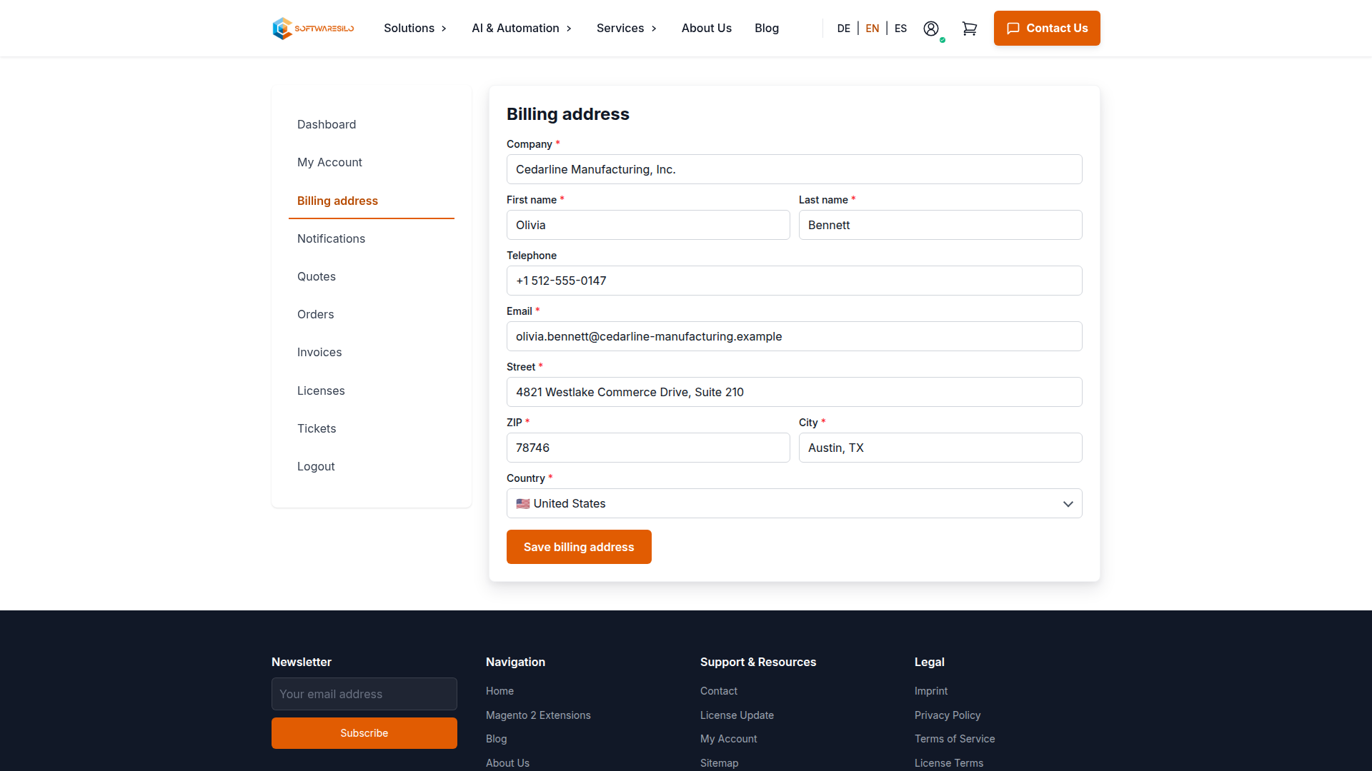 Billing address form for a US business customer