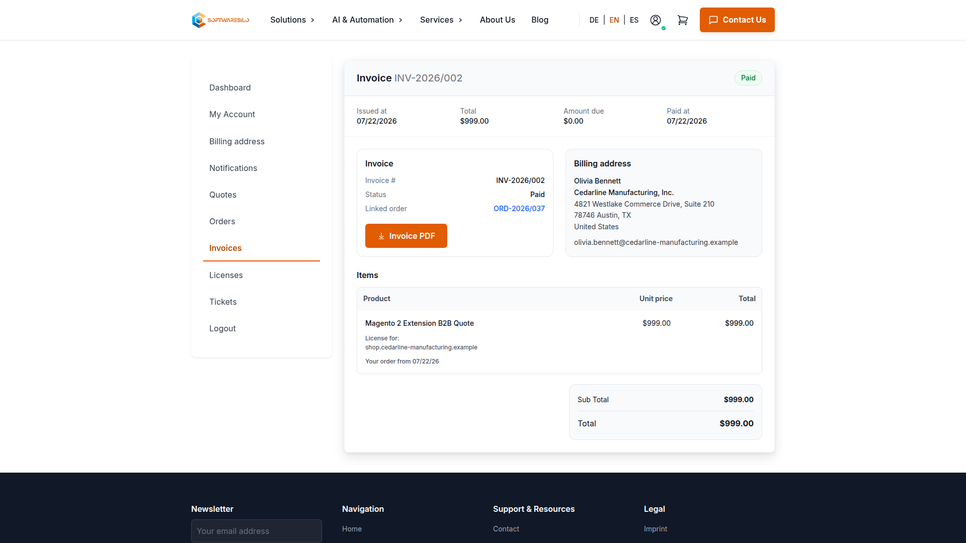 Paid invoice with linked order, US billing address and line item