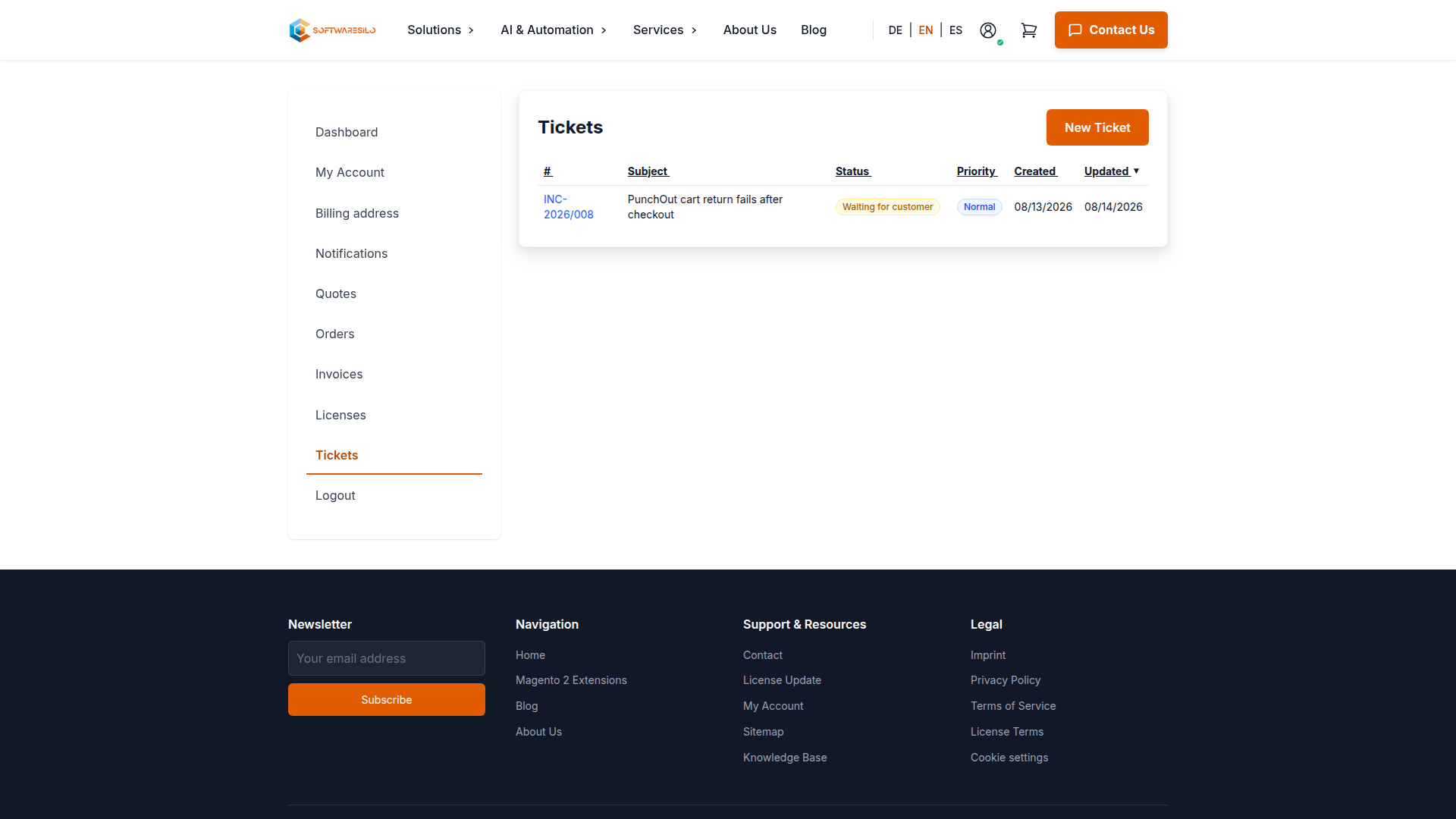 My Tickets overview with a PunchOut support request awaiting customer verification