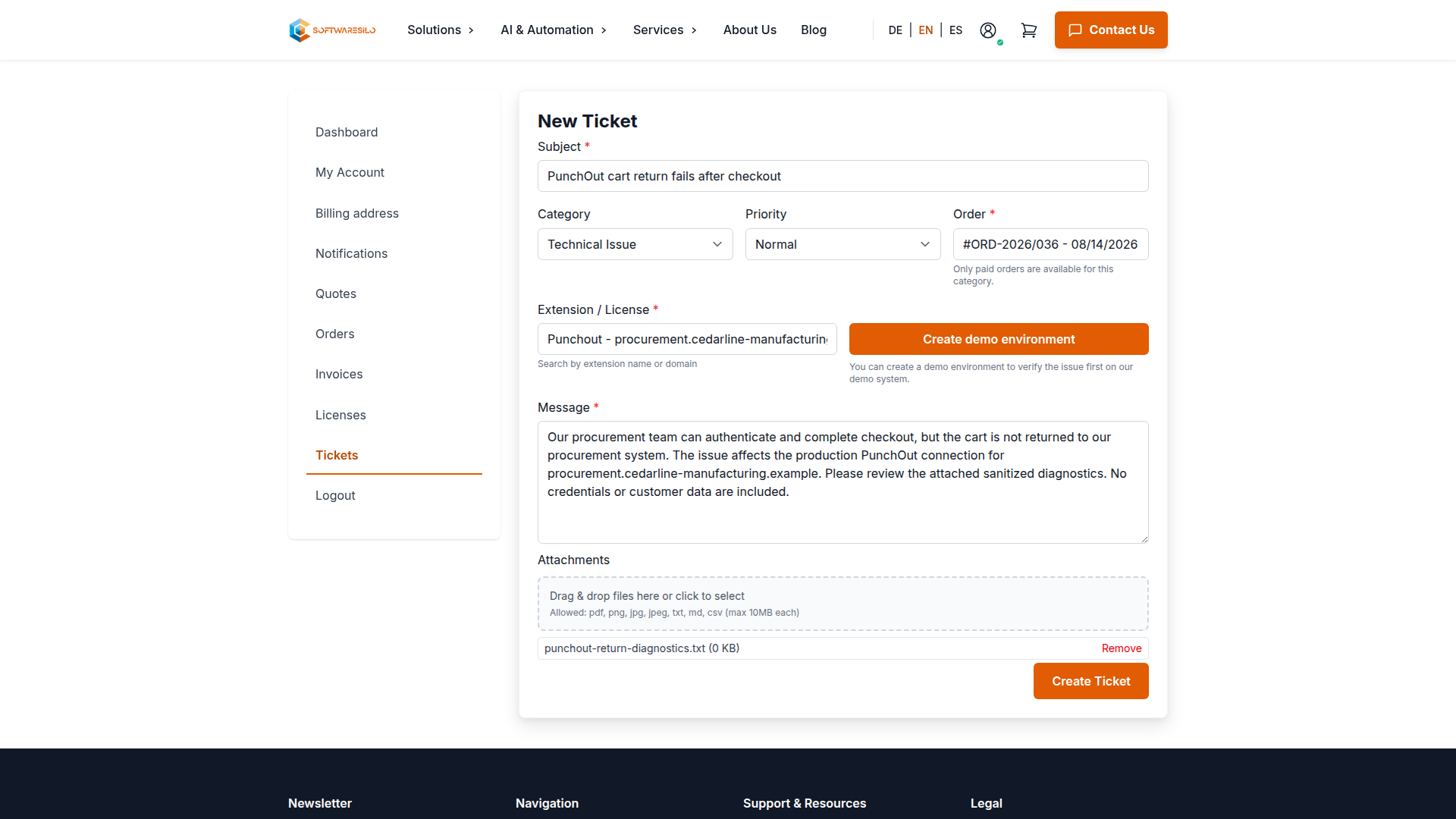 New technical support ticket form with order, license and attachment fields