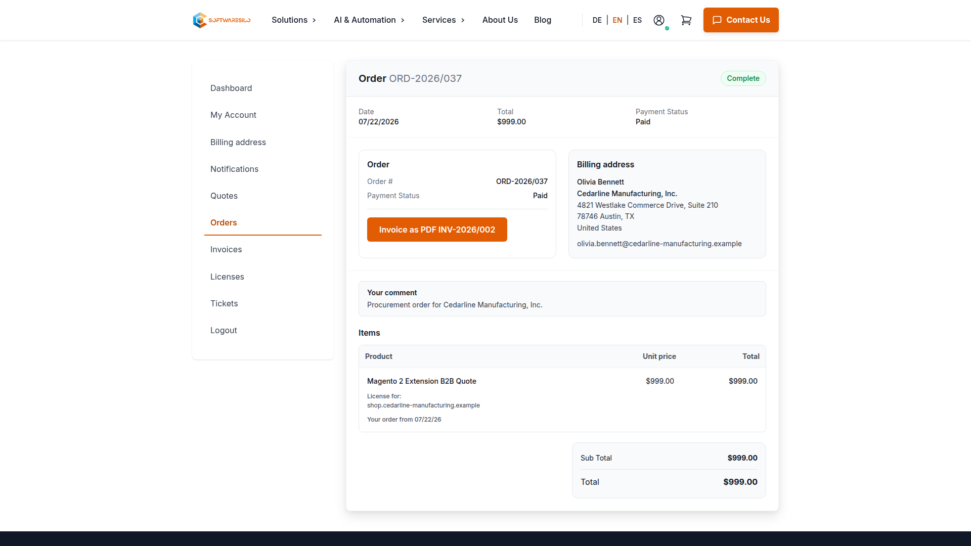 Completed order with payment status, US billing address and linked invoice