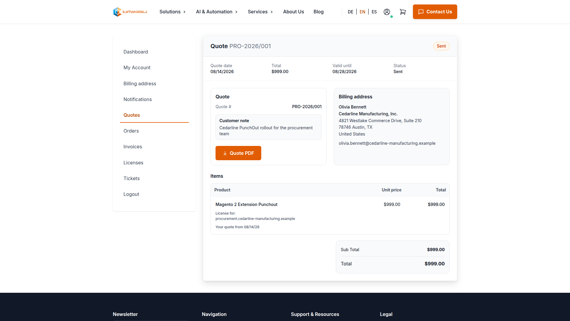 Quote detail with status, US billing address and quoted extension