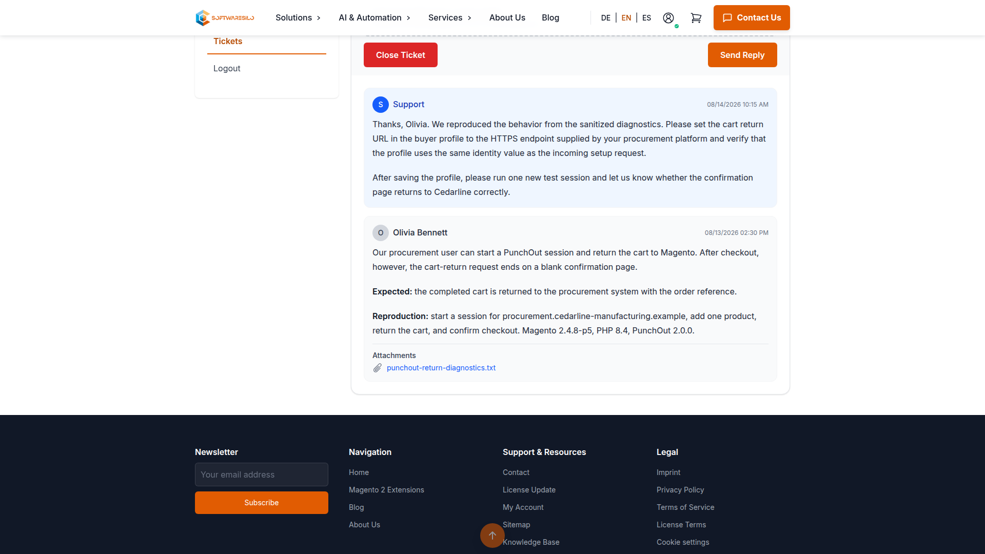 Support ticket conversation with a sanitized diagnostic attachment