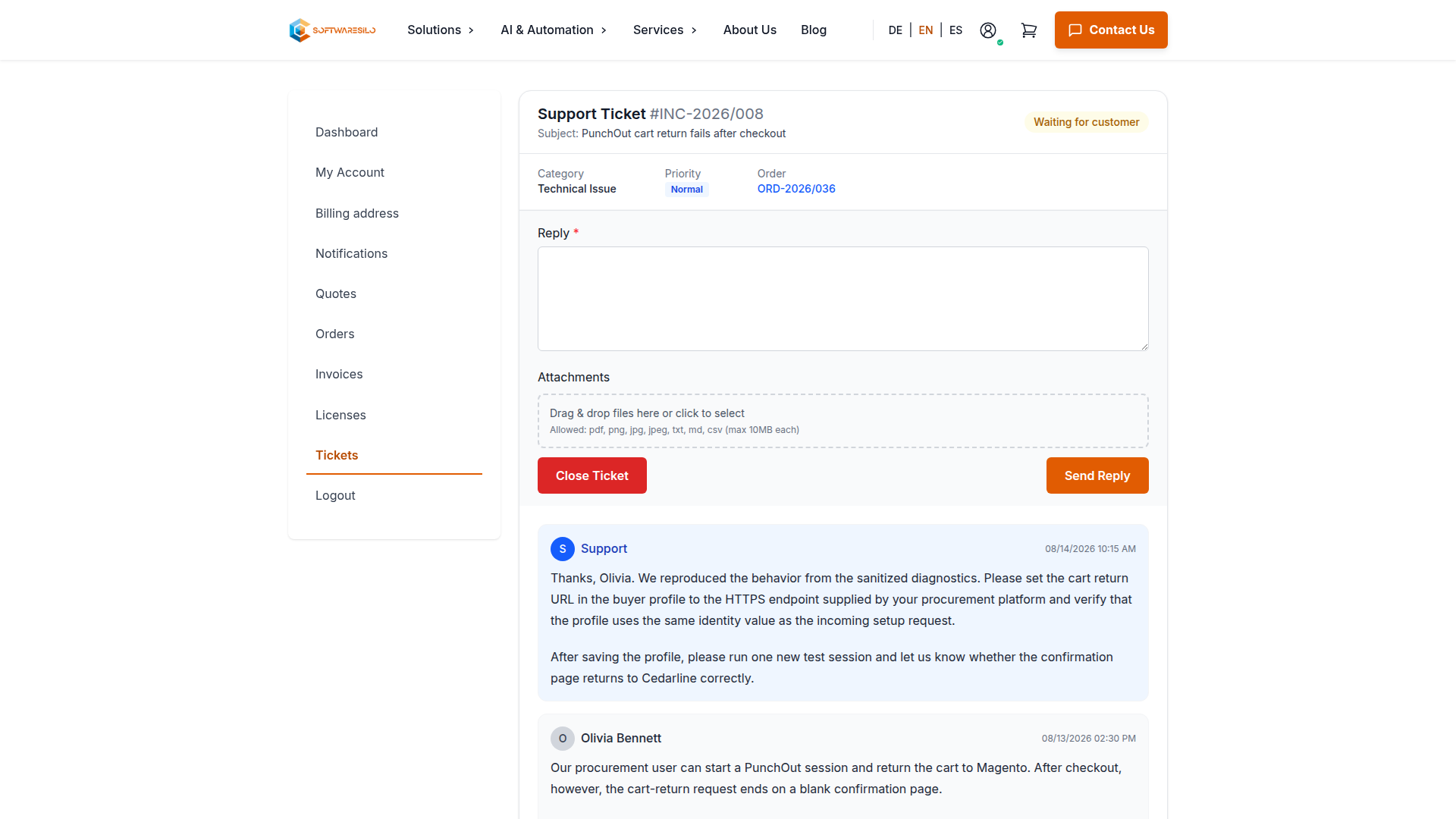 Support ticket detail with related order, status, reply form and support response
