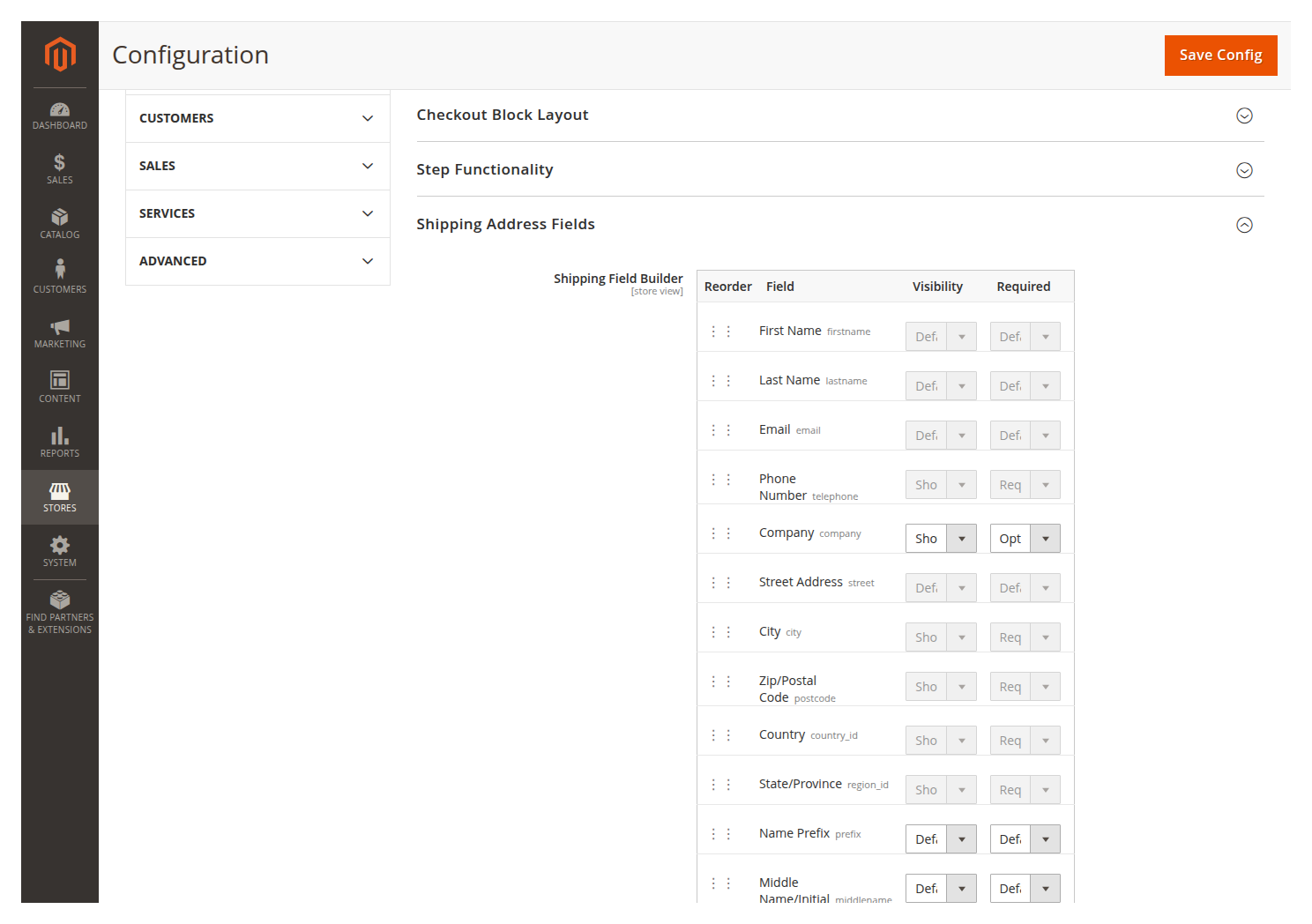 Shipping address field builder Shipping field builder with visibility and required-state controls
