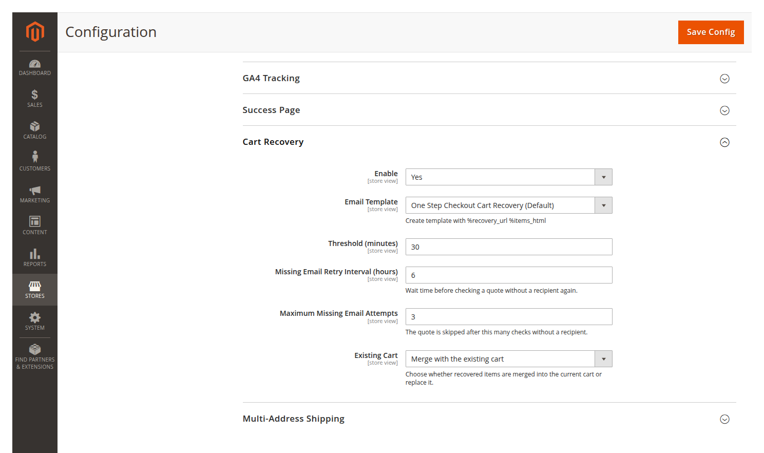 Cart recovery settings with threshold, retry policy and merge strategy