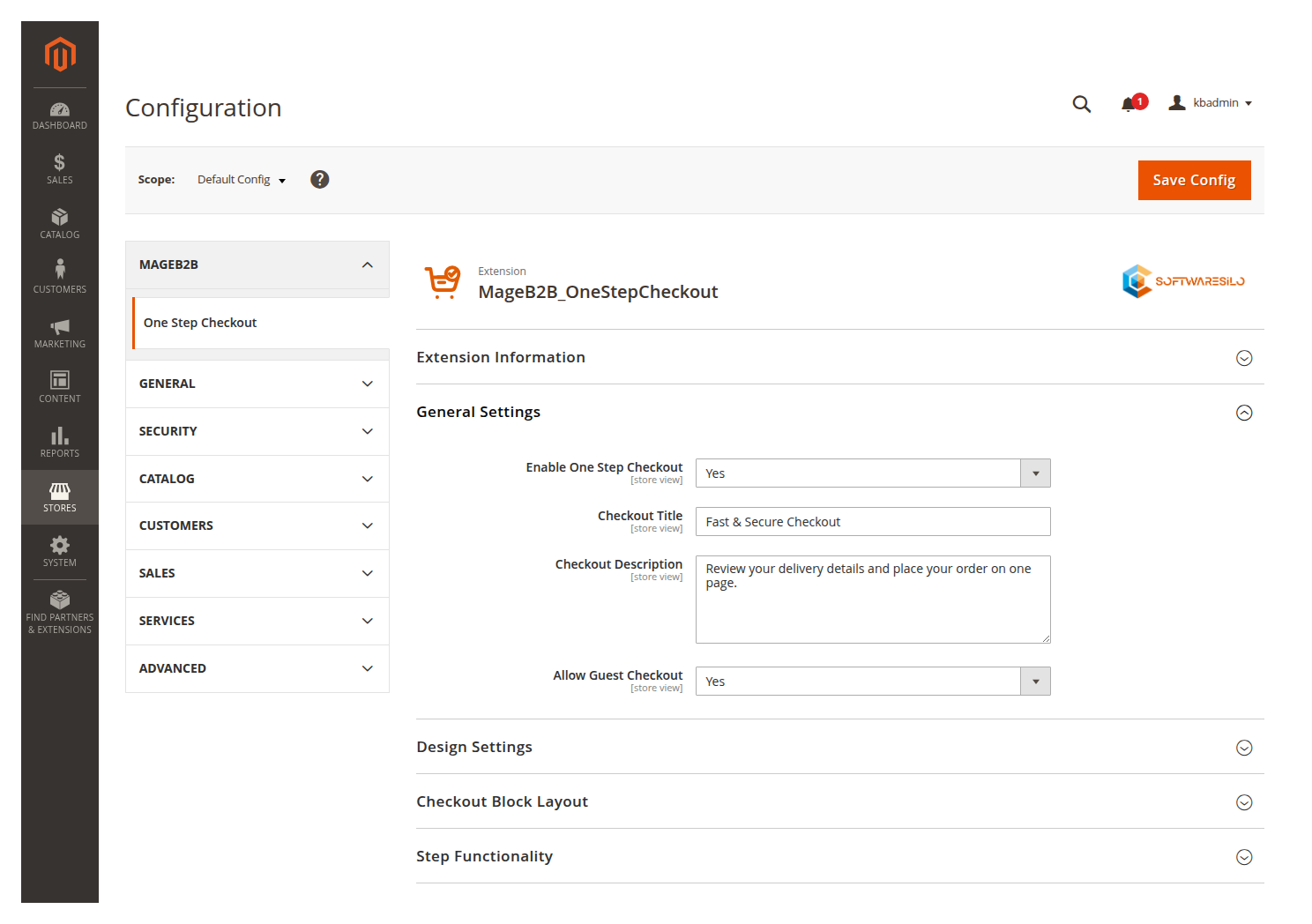 One Step Checkout configuration page in Magento Admin