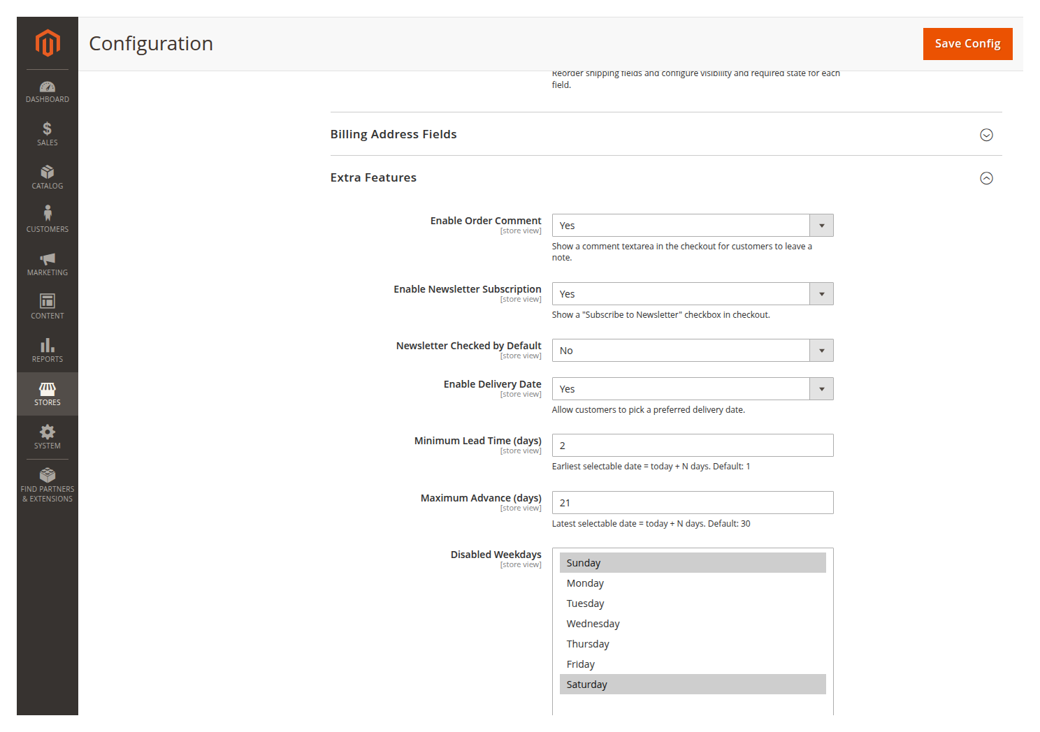 Lead time, date range and disabled weekdays in Magento Admin