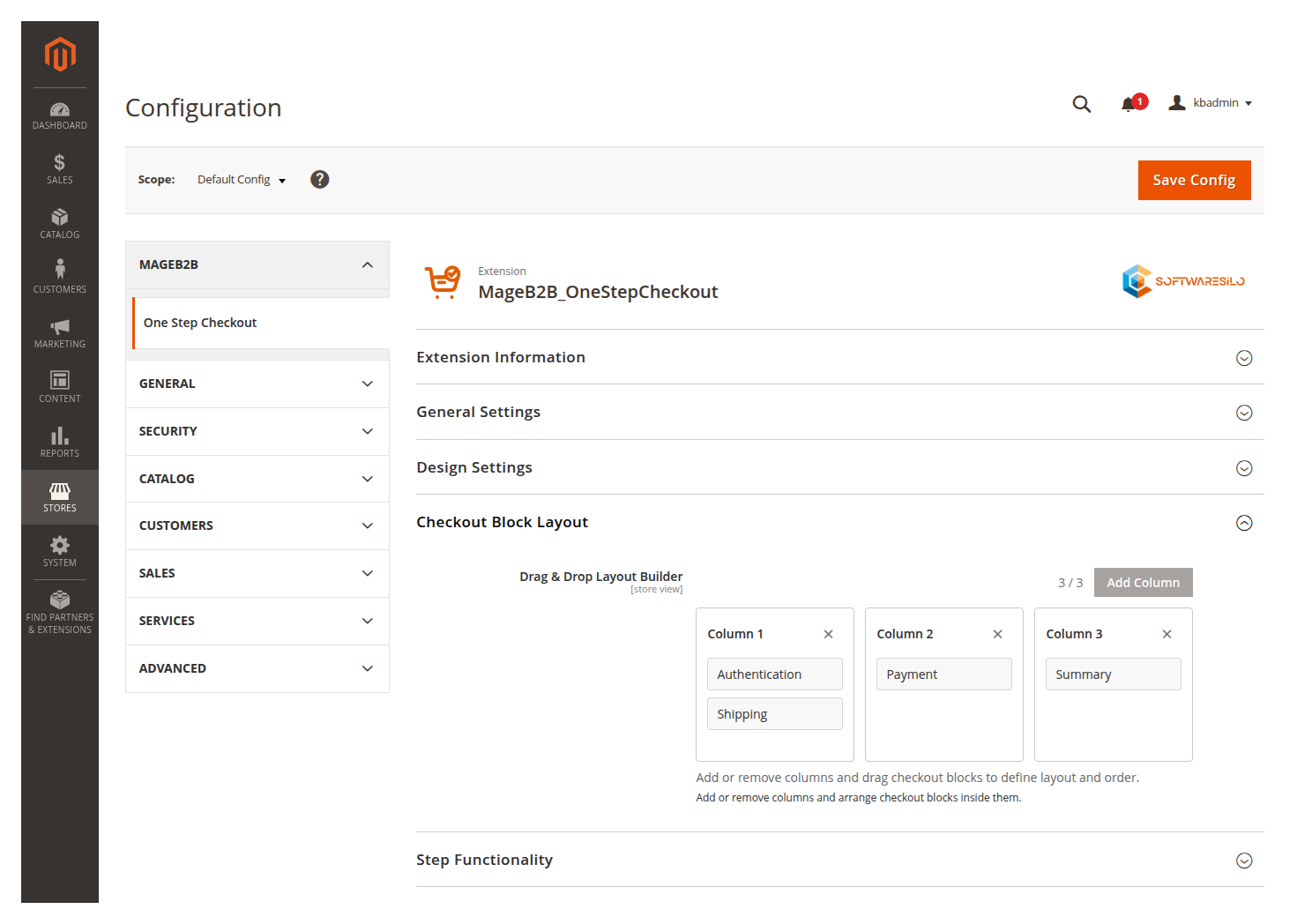 Checkout blocks assigned to three columns in Magento Admin
