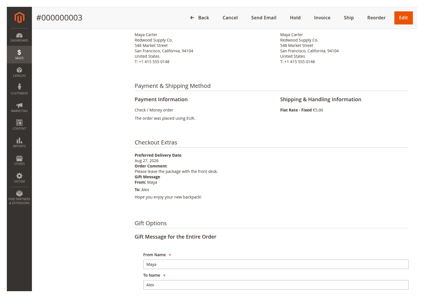 Persisted checkout extras on the Magento order view