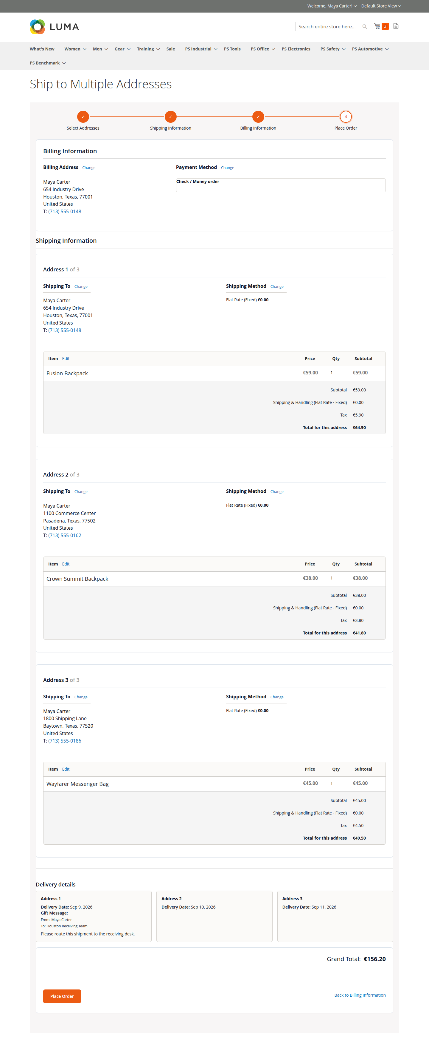 Multi-address order review grouped by delivery address