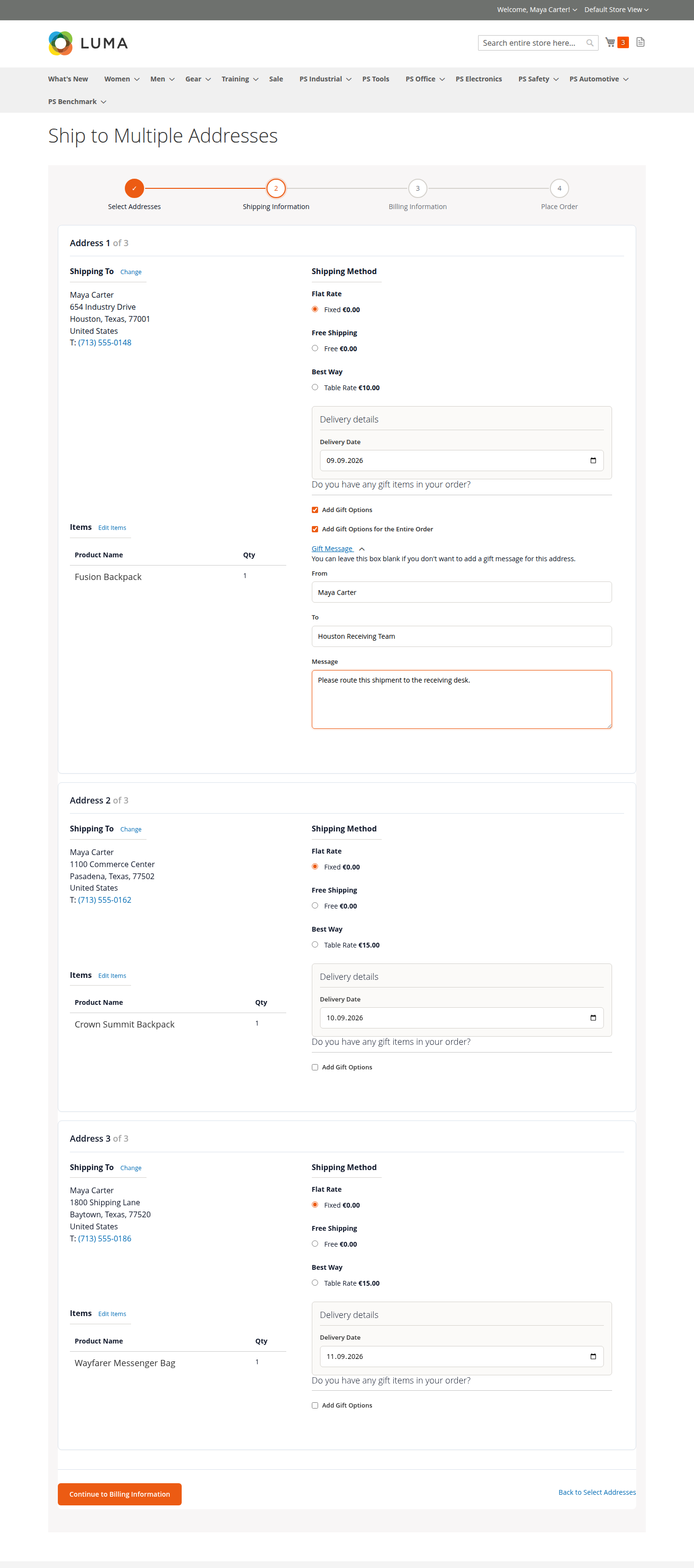 Shipping method, delivery date and gift message for each delivery address