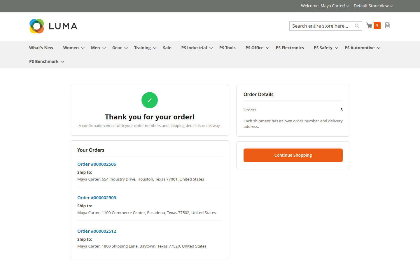 One Step Checkout confirmation with three orders and delivery addresses