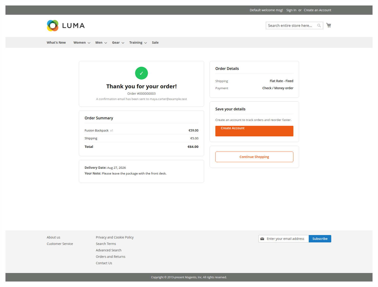 Order confirmation after a successful One Step Checkout order
